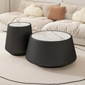 Round Living Room Table Set, 26.77' Black Drum Center Table and 19.68' Black Coffee Table Set, 2 Pieces Coffee Table Set with Sintered Stone Tabletop, Fluted PU Leather Covered and Stable Base