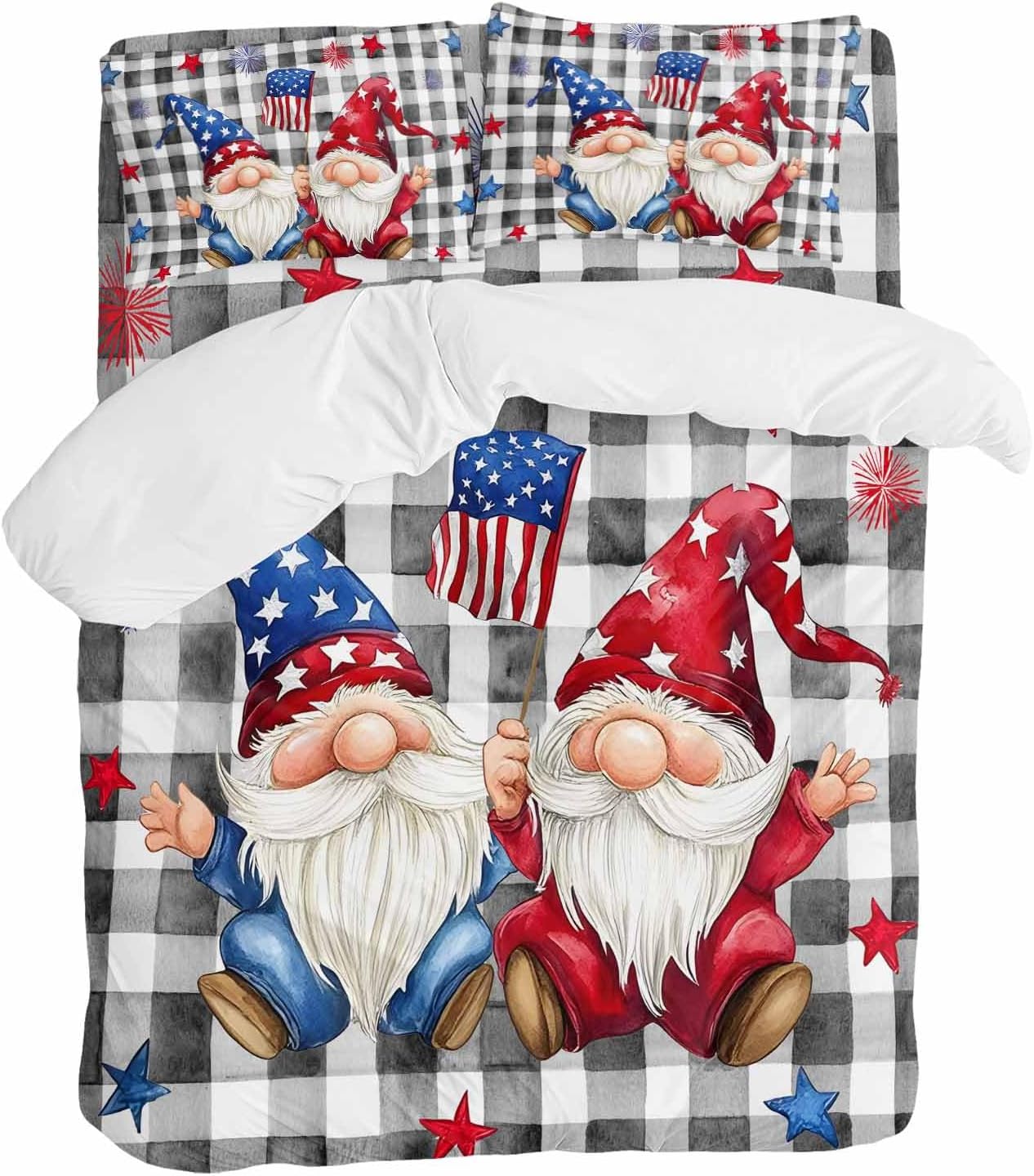 Prime Leader Independence Day Duvet Cover Set Queen Size 4 Pieces Patriotic Gnomes USA Flag Black Plaid Bedding Set with Zipper Closure, 1 Comforter Cover 92x106 Inches 1 Flat Sheet & 2 Pillow Cases