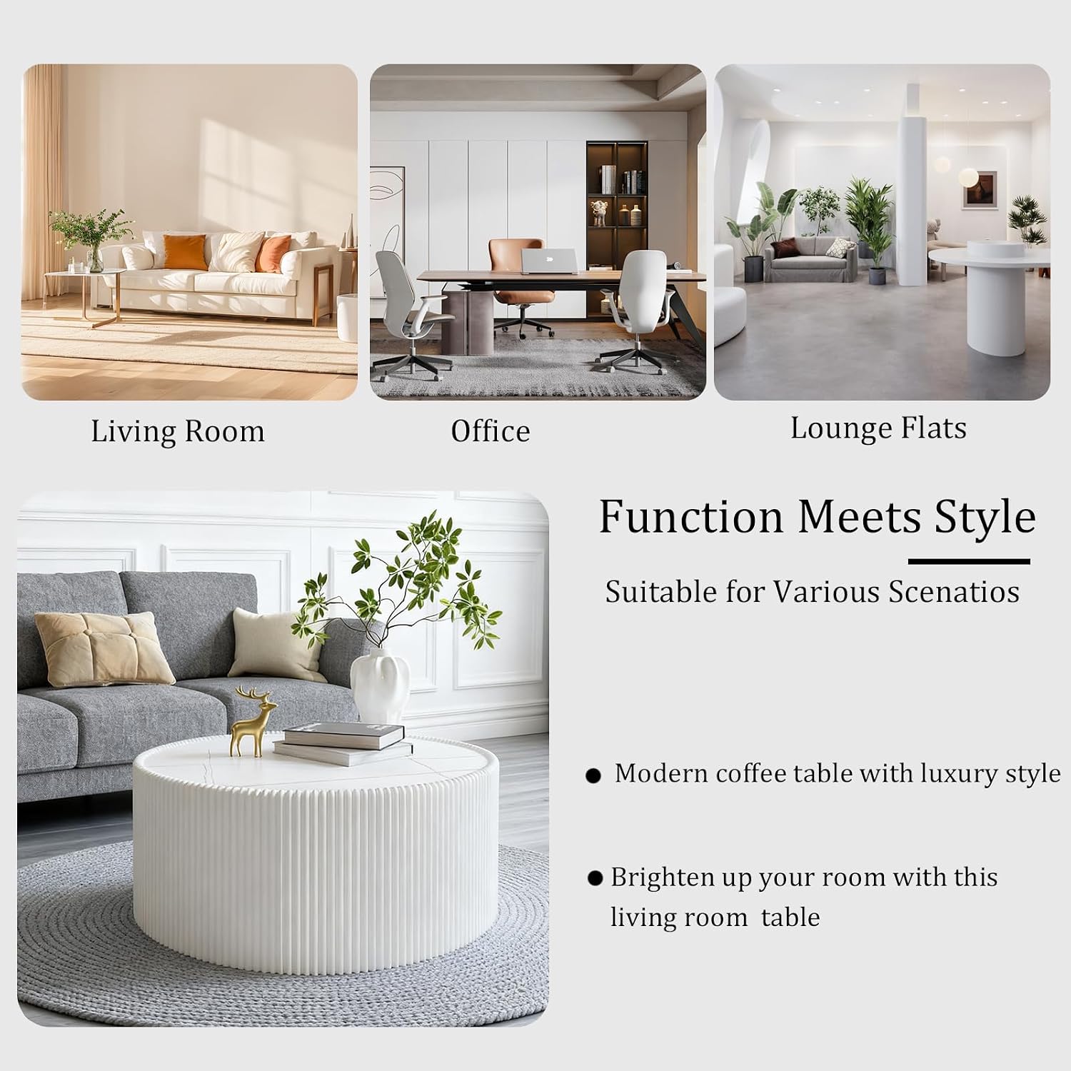 29.52' White Round Coffee Table, Drum Coffee Table with Sintered Stone Tabletop and Fluted PU Leather Covered and Stable Base, Circle Cocktail Tea Table for Living Room