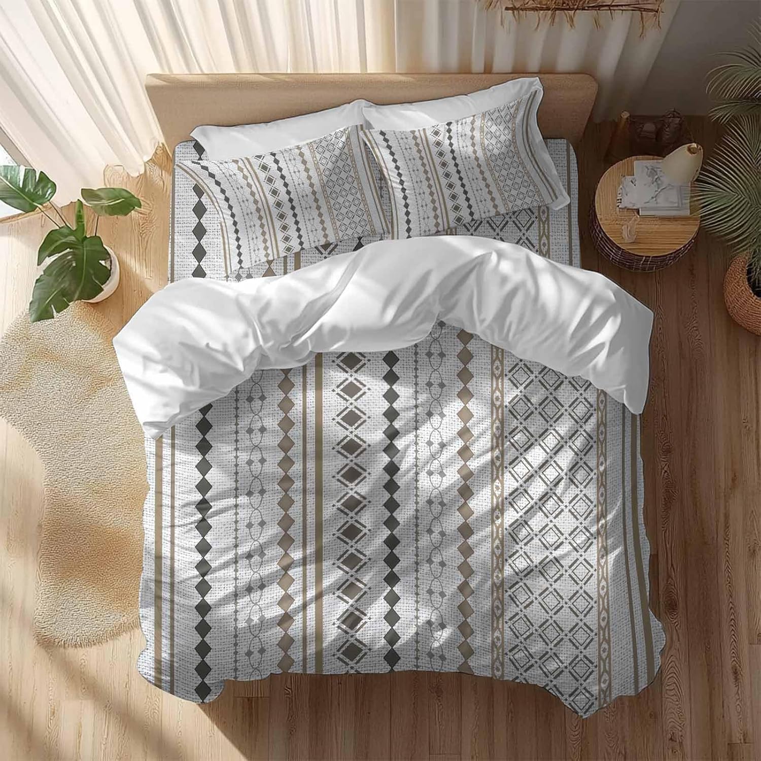 Bohemia Geometric Duvet Cover Set Queen Size 4 Pieces Brown Stripes Diamond Ethnic Linen Texture Bedding Set with Zipper Closure, 1 Comforter Cover 92x106 Inches 1 Flat Sheet & 2 Pillow Cases