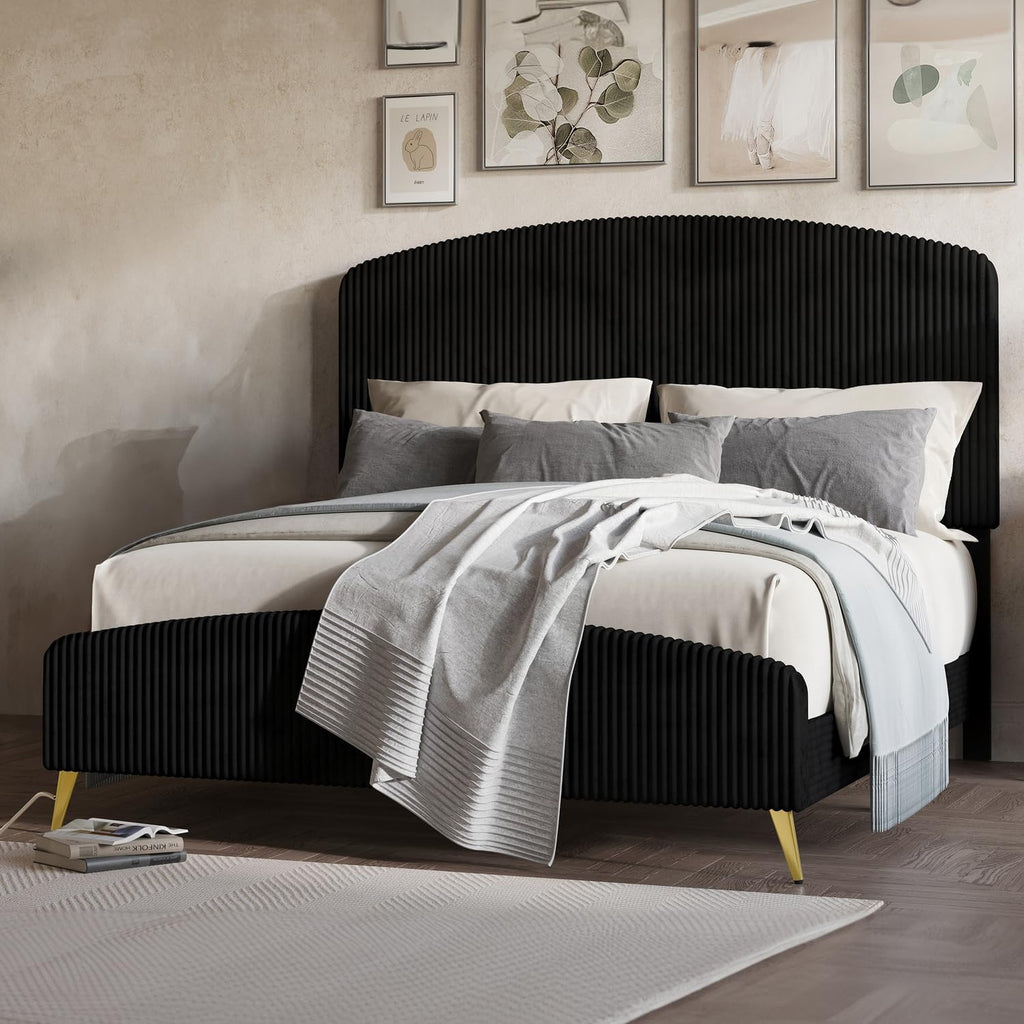 HomeStock Velvet Upholstered Panel Bed - Modern Black Bedroom Furniture King