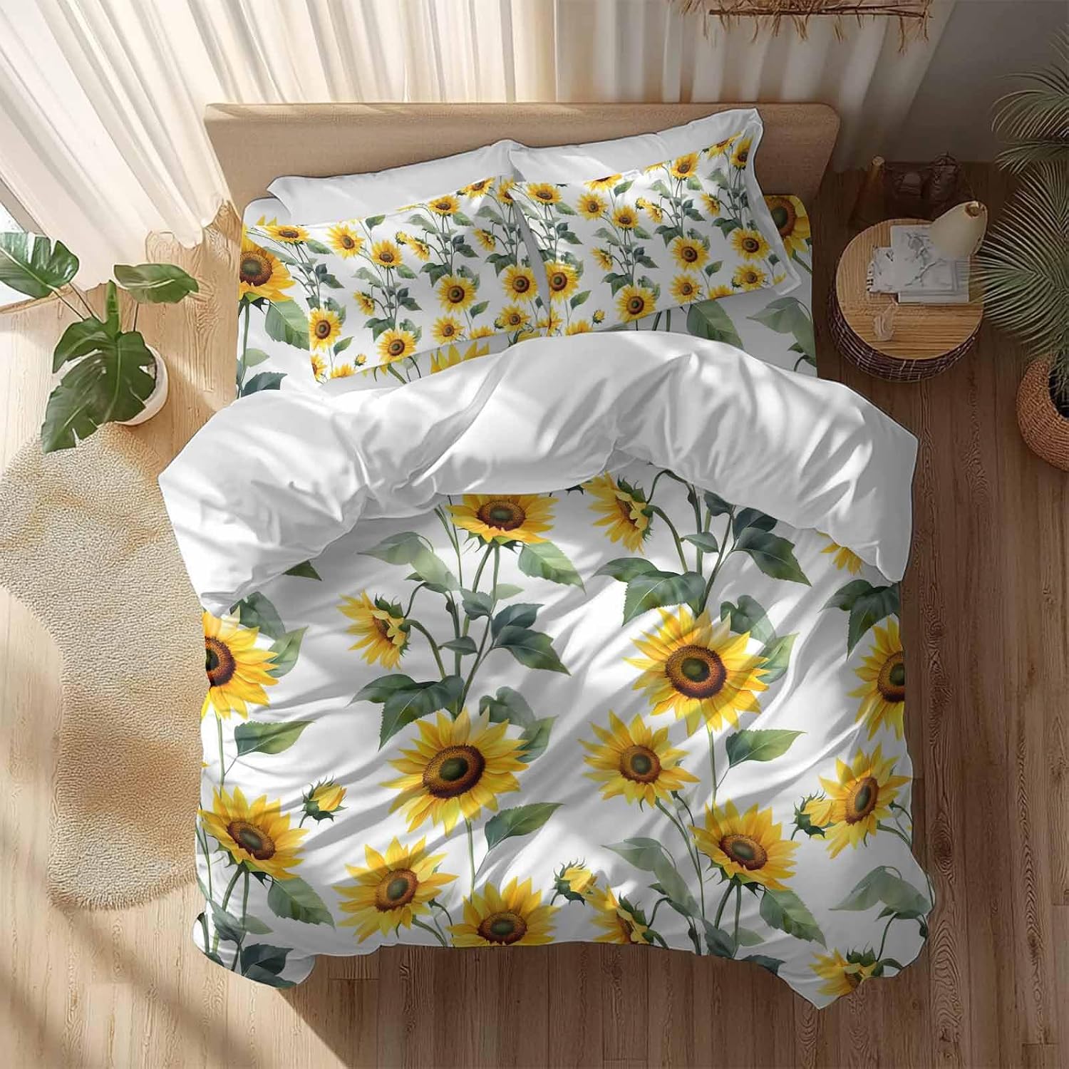 Prime Leader Summer Sunflowers Duvet Cover Set Queen Size 4 Pieces Watercolor Floral White Bedding Set with Zipper Closure, 1 Comforter Cover 92x106 Inches 1 Flat Sheet & 2 Pillow Cases