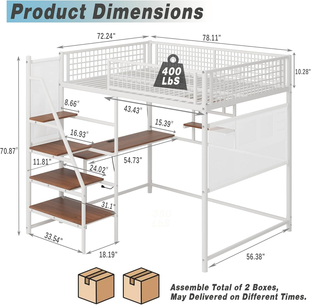 Full Size Metal Loft Bed with Stairs, Large Under-Bed Space, Built-in Charging Station, LED Lighting, for Bedroom, Dormitory, White