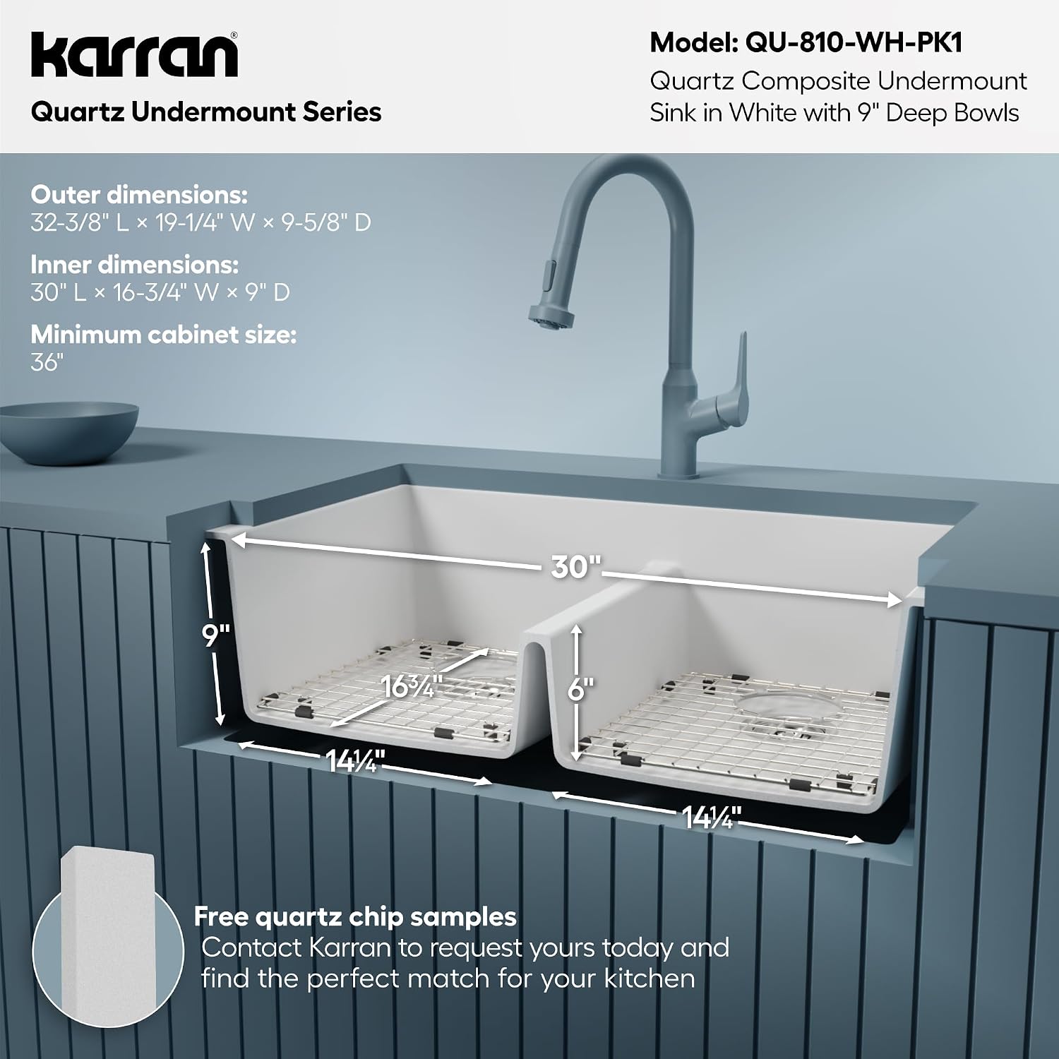 Karran QU-810 32' Undermount Double Bowl Quartz Kitchen Sink Kit, White Composite, Equal Bowls, Scratch Resistant, Heat Safe, Noise Reducing, Includes Grids & Strainers