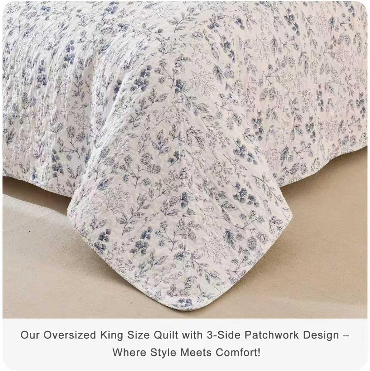 Sanracie 100% Cotton Oversized King Bedspread 128'x120', Shabby French Country Chic White and Blue Floral Botanical Bedspread Sets 3Pcs Soft Breathable Vintage Garden Floral Quilt Sets for All Season