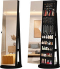 LVSOMT 360° Swivel Jewelry Cabinet with Full Length Mirror and Sliding Door, 63' Large Jewelry Armoire with Lock and Rear Shelves, Floor Standing Mirror with Storage for Bedroom Cloakroom, Black
