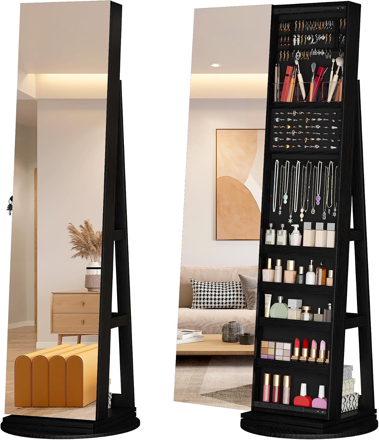 LVSOMT 360° Swivel Jewelry Cabinet with Full Length Mirror and Sliding Door, 63' Large Jewelry Armoire with Lock and Rear Shelves, Floor Standing Mirror with Storage for Bedroom Cloakroom, Black