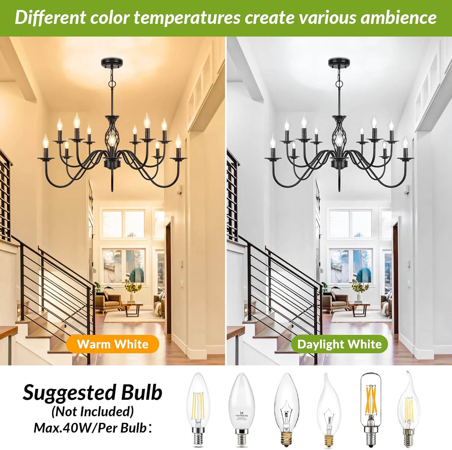 12-Light Farmhouse Candle Chandelier for Living Room, Rustic Industrial Pendant Ceiling Light fixture, Vintage Hanging Lamp for Bedroom Hallway Kitchen Dining Room Foyer, Matte Black E12 Socket