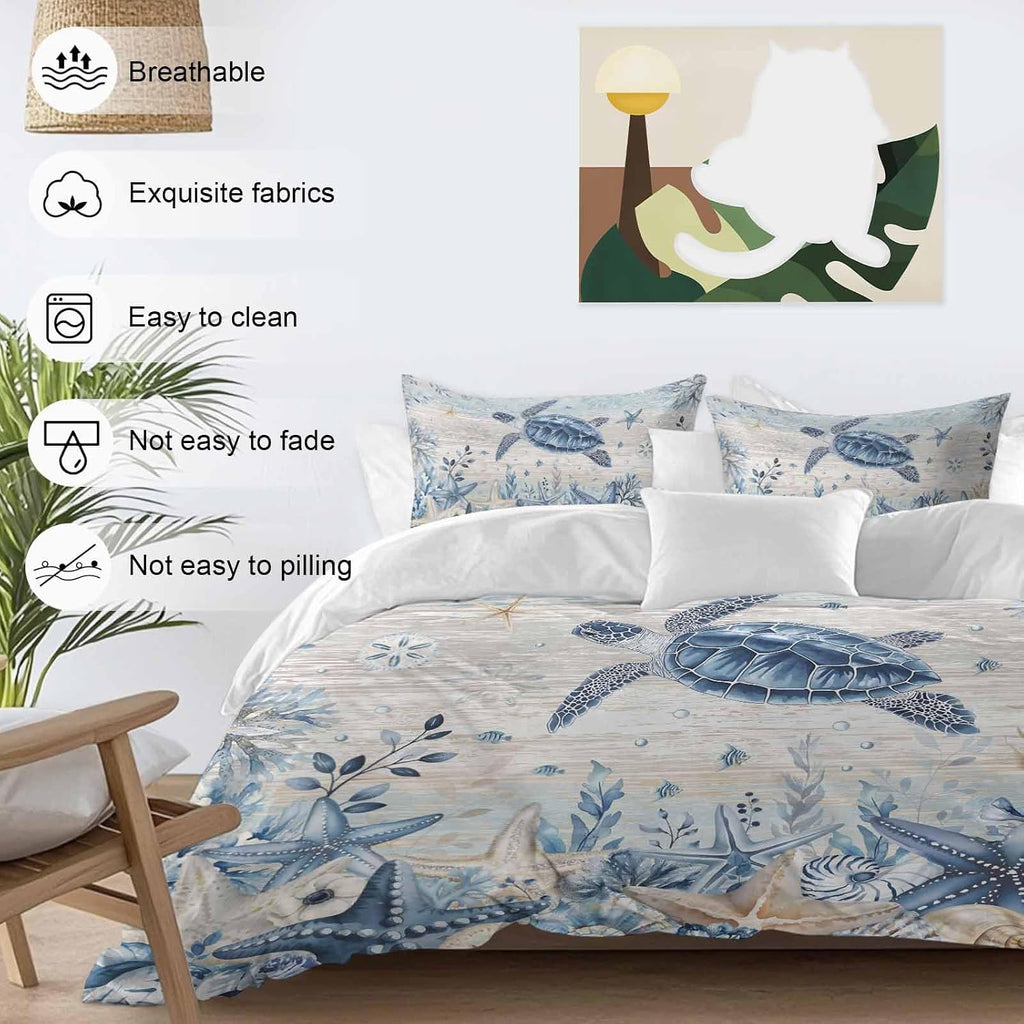 Ocean Turtles Duvet Cover Set Queen Size 4 Pieces Blue Yellow Sea Star Shell Coral Yellow Blue Stripes Bedding Set with Zipper Closure, 1 Comforter Cover 92x106 Inches 1 Flat Sheet & 2 Pillow Cases