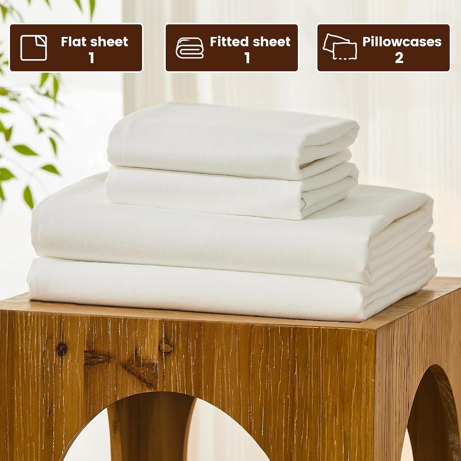 Bedlifes 100% French Pure Linen Sheets California King Size Breathable and Cooling Flax Sheet Set Soft Durable and Moisture Wicking 16 Inch Deep Pocket-4 Piece(Cal King,White)