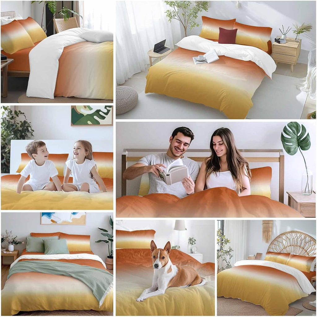 Gradient Orange Duvet Cover Set Queen Size 4 Pieces Modern Minimalist Yellow Orange Ocean Beach Bedding Set with Zipper Closure, 1 Comforter Cover 90x92 Inches 1 Flat Sheet & 2 Pillow Cases
