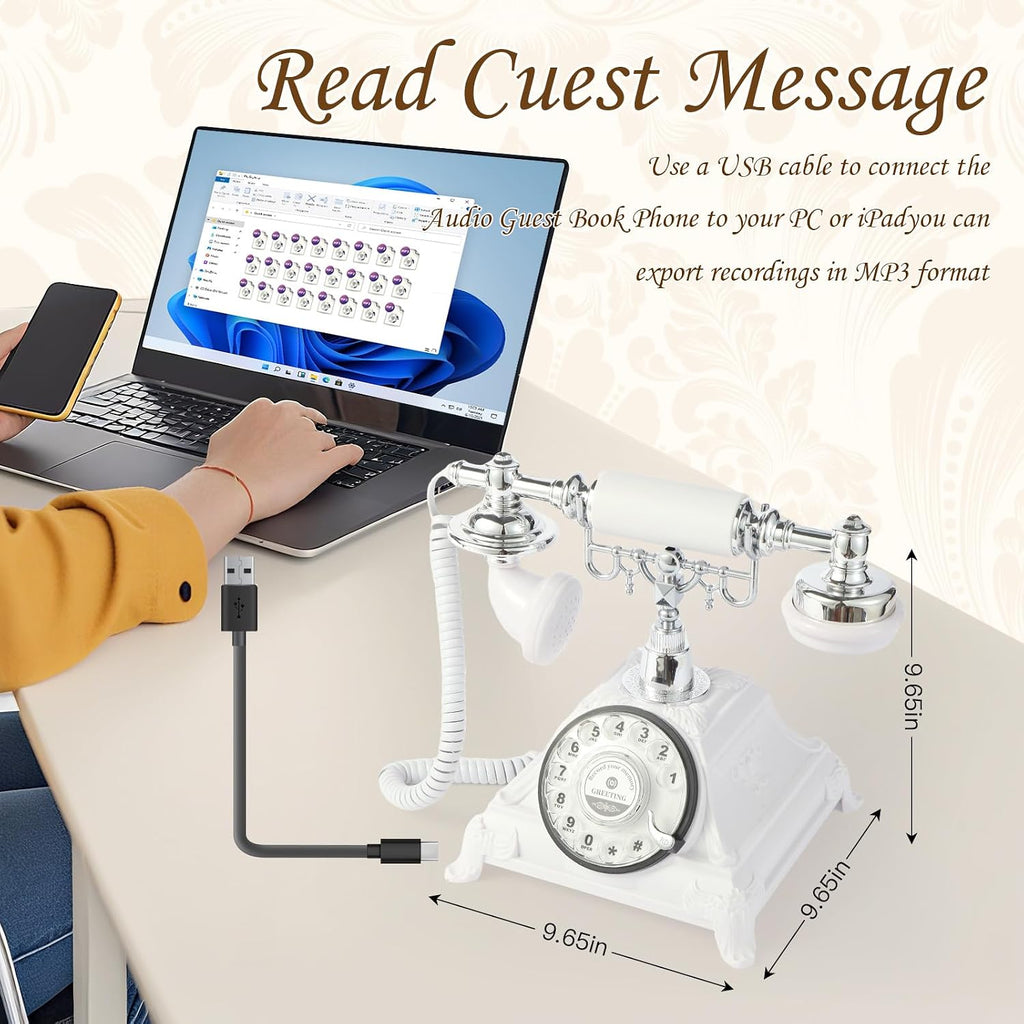Audio Guest Book Wedding Phone, Audio Guest Book Record Customized Audio Messages Guest Book Alternatives Classic Rotary Phone for Parties Birthdays Rentals Confessions Special Occasions (White)