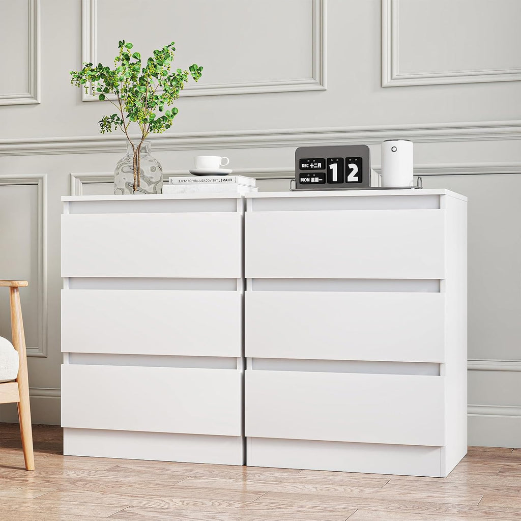 White Nightstand with 3 Drawers Set of 2,Modern Tall Bedside Table with Storage for Bedroom,End Side Table with No-Handle Design for Living Room