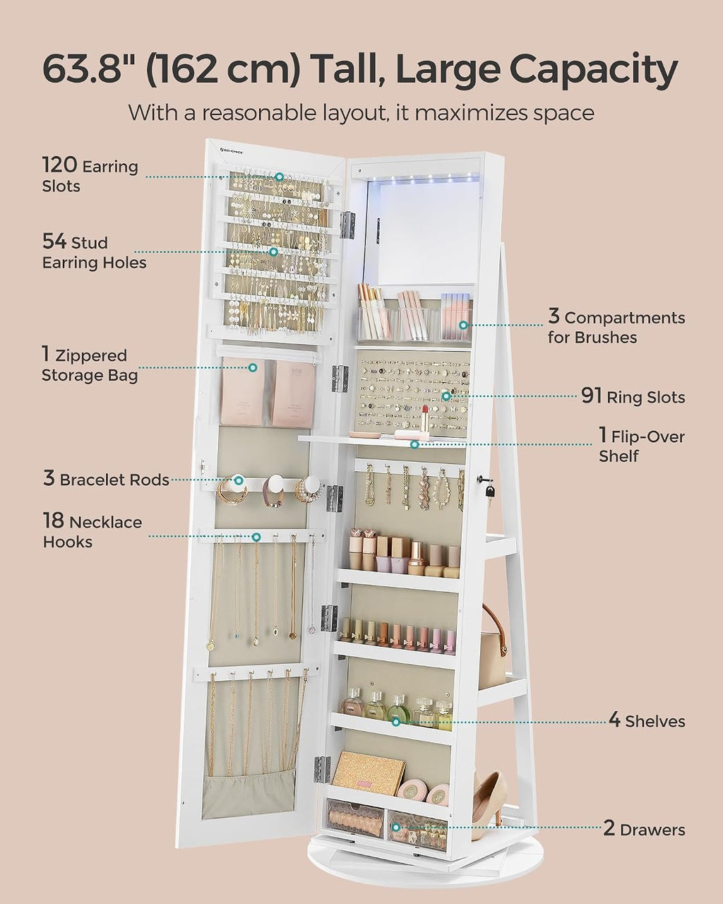 SONGMICS 6 LEDs Lockable Mirror Jewelry Cabinet, 360° Swivel Jewelry Organizer Armoire Standing, Frameless Full-Length Mirror, 3 Storage Shelves, White Surface, Greige Lining UJJC007W02V1