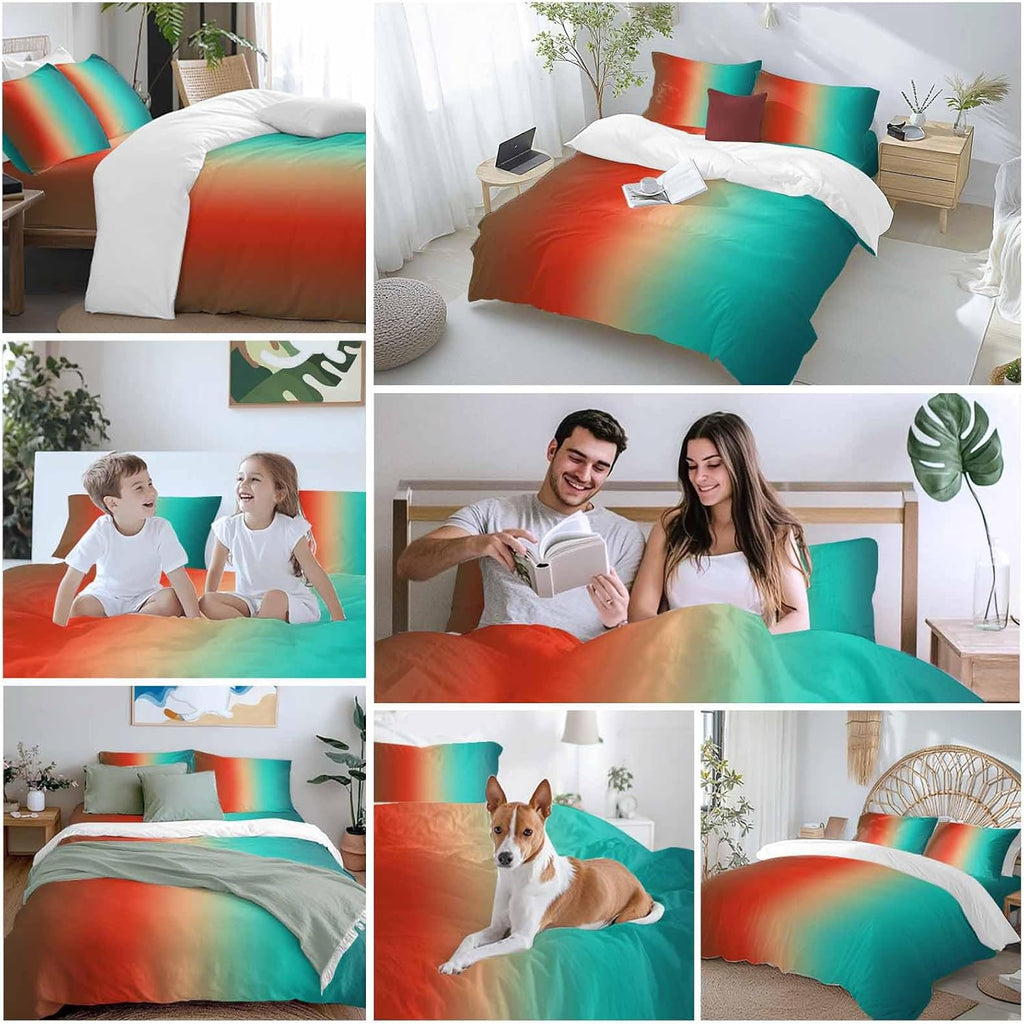 Gradient Blue Green Duvet Cover Set Queen Size 4 Pieces Modern Abstract Minimalist Orange Brown Ocean Beach Bedding Set with Zipper Closure,1 Comforter Cover 90x92 Inches 1 Flat Sheet & 2 Pillow Cases