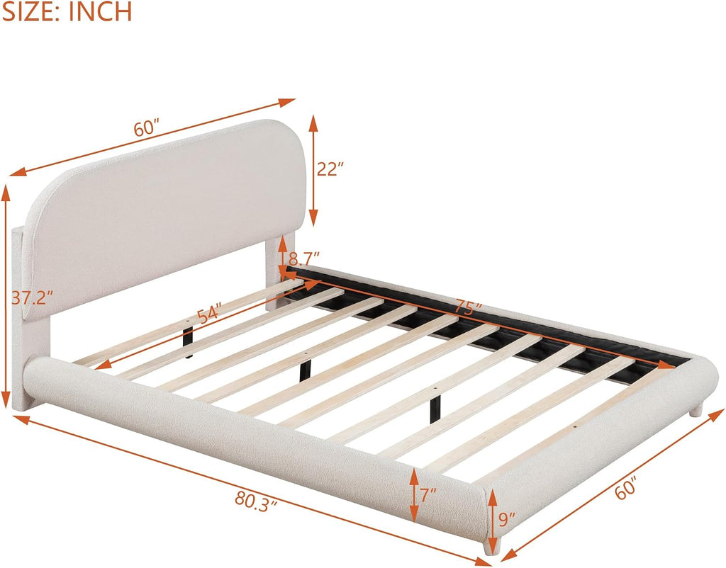 Curve-Shaped Upholstered Platform Bed with Curved Shaped Headboard, Full Size Wood Bed Frame for Kids Adults Bedroom Furniture, Teddy Fleece Thick Fabric Upholstered Bed Grounded Bed (Beige)