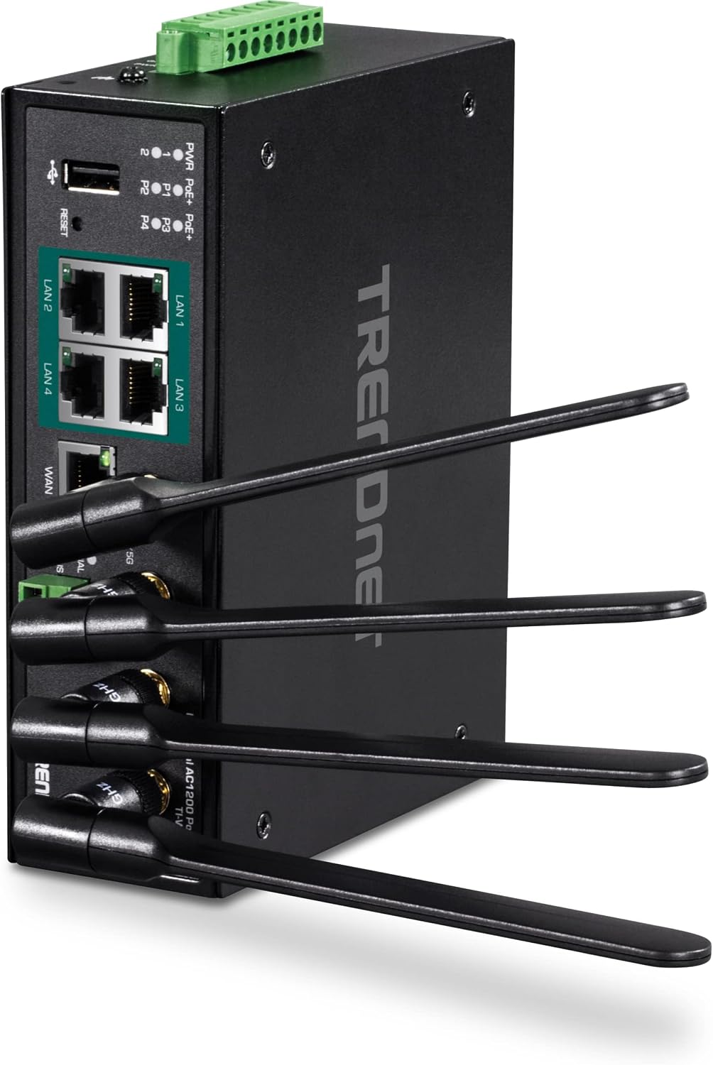 TRENDnet Industrial AC1200 Wireless Gigabit PoE+ Router, TI-WP100, IP30 Housing, Dual-WAN, Dual-Band WiFi, VPN, Inter-VLAN Routing
