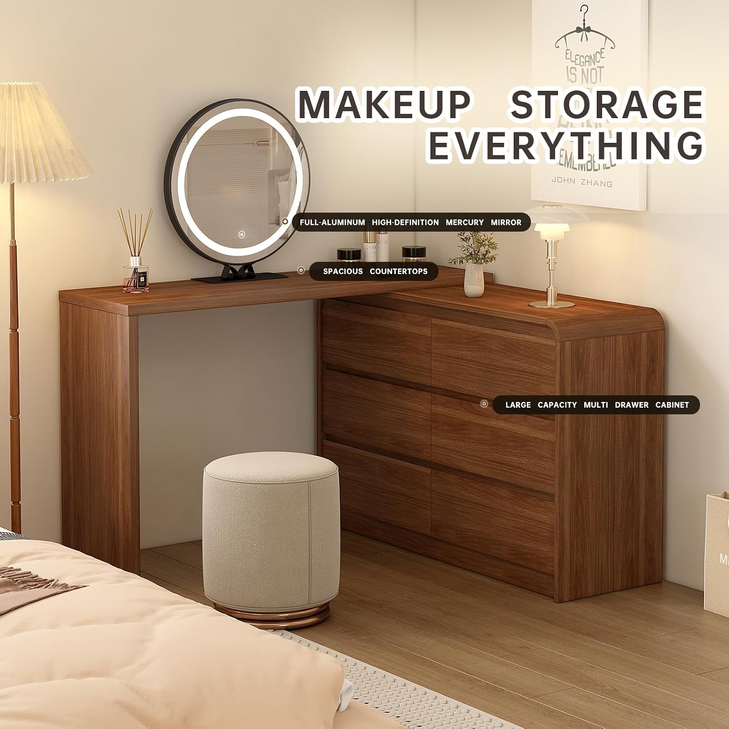 Messenya Makeup Vanity Desk with Full Aluminum HD Lighted Mirror, 50-90in Extendable Modern Vanity Table Set with Chair, 6-Drawer Storage Cabinet with Rounded Corners, Bedroom Dressing Table, Brown