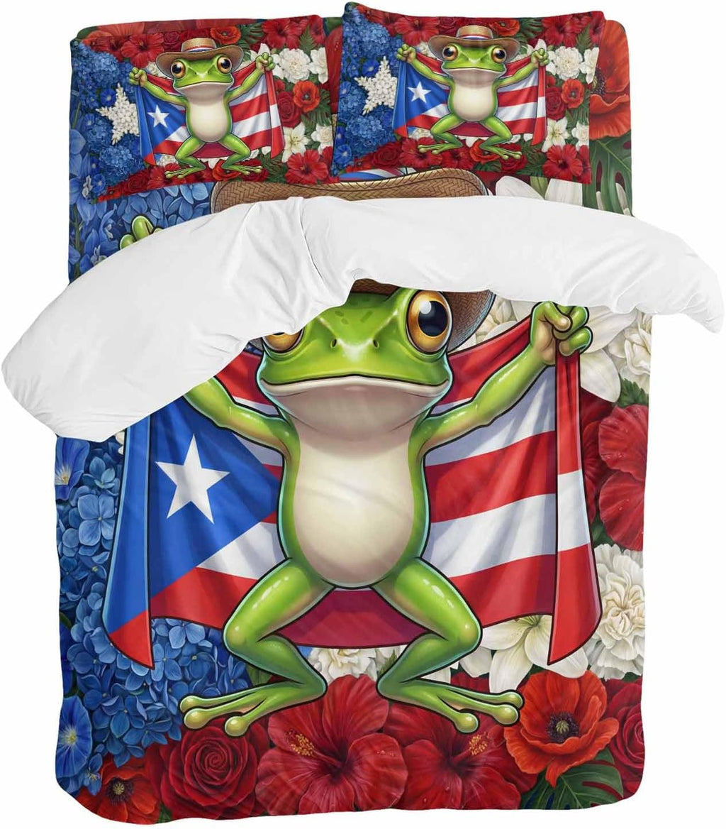 Puerto Rican Duvet Cover Set Queen Size 4 Pieces Flag Themed Watercolor Flowers Cartoon Funny Frog Bedding Set with Zipper Closure, 1 Comforter Cover 92x106 Inches 1 Flat Sheet & 2 Pillow Cases