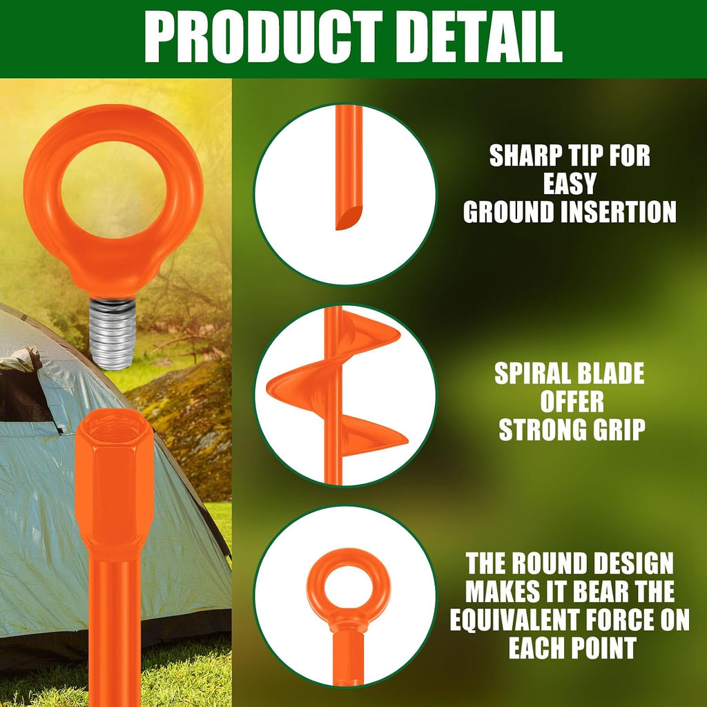 Lasnten 12 Pcs 30 Inch Long Spiral Ground Anchor Heavy Duty Blade Earth Anchor Kit Metal Anchors Hook Beach Sand Stakes Camping for Securing Animals, Shelters, Tents, Canopies (Orange)