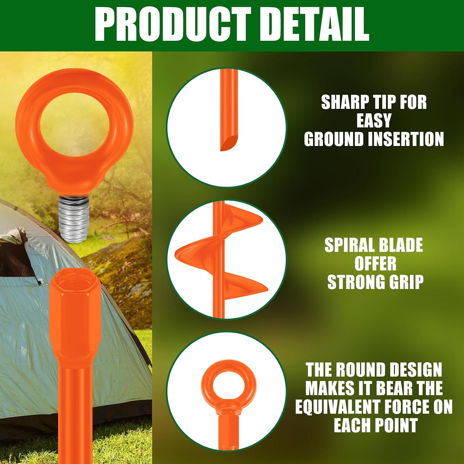 Lasnten 12 Pcs 30 Inch Long Spiral Ground Anchor Heavy Duty Blade Earth Anchor Kit Metal Anchors Hook Beach Sand Stakes Camping for Securing Animals, Shelters, Tents, Canopies (Orange)