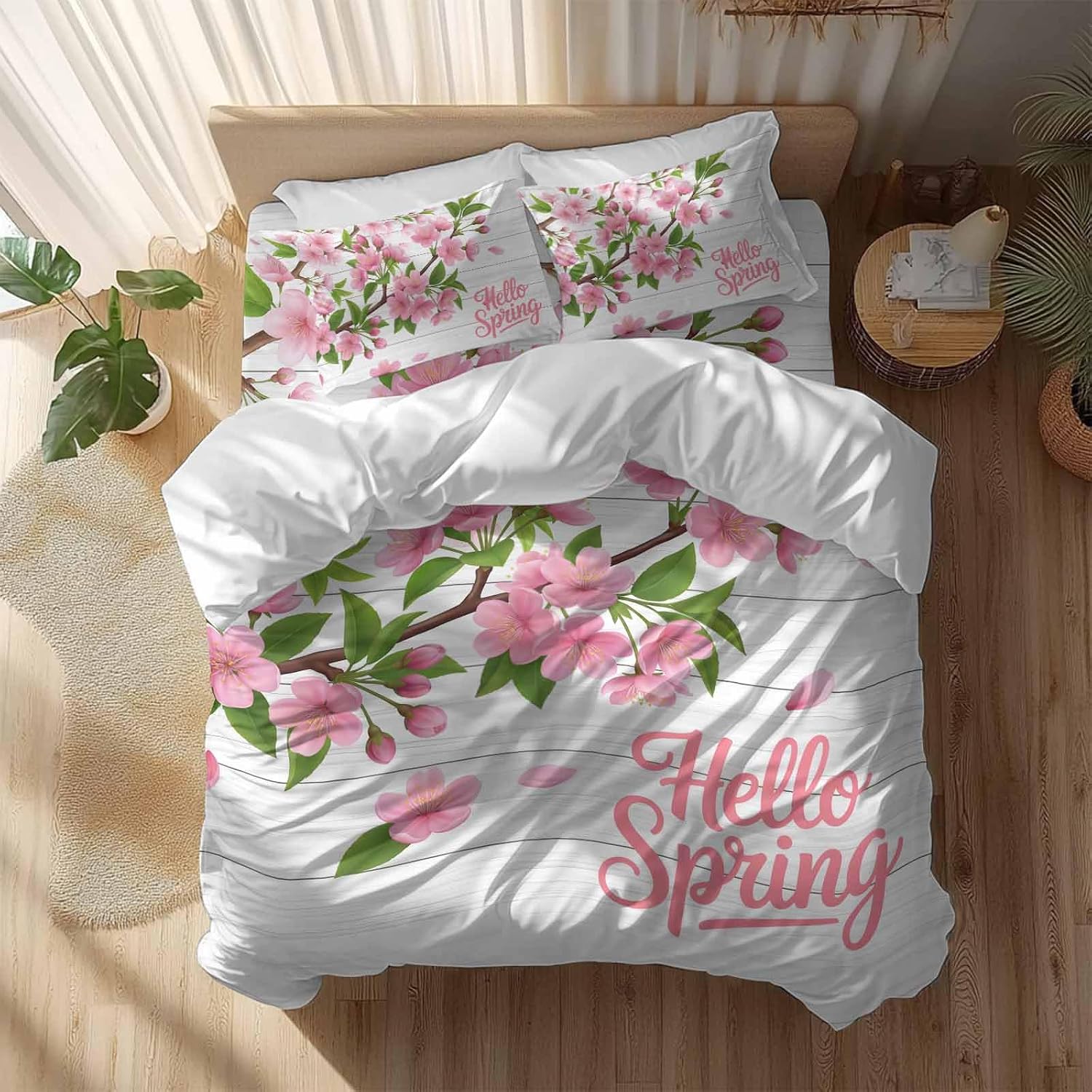 Hello Spring Floral Duvet Cover Set Queen Size 4 Pieces Watercolor Flower Green Leaves Wood Grain Bedding Set with Zipper Closure, 1 Comforter Cover 86x86 Inches 1 Flat Sheet & 2 Pillow Cases