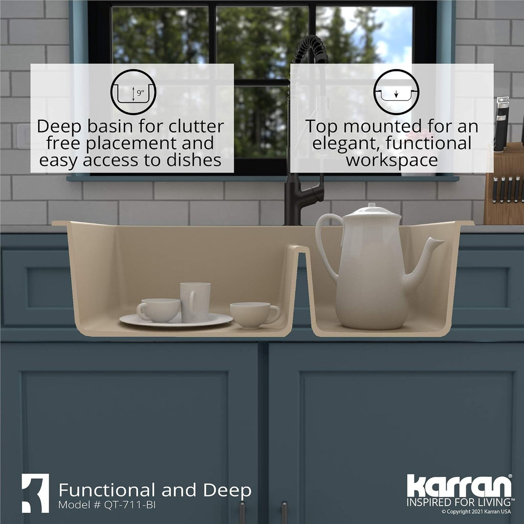 Karran QT-711 Drop-In Quartz Composite 33 in. 1-Hole 60/40 Double Bowl Kitchen Sink in Bisque