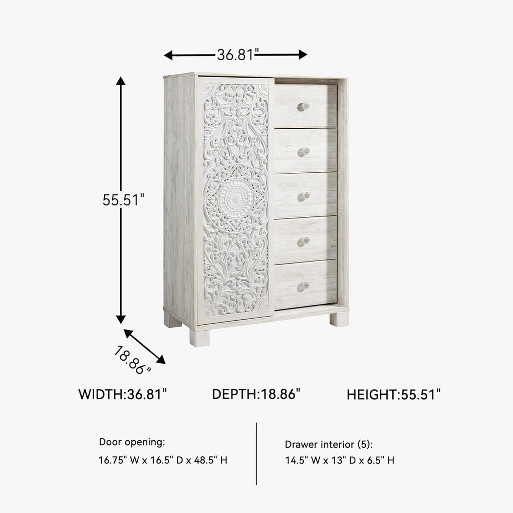 Signature Design by Ashley Paxberry Boho 5 Drawer Dressing Chest with Slider Door & 3 Adjustable Shelves, Whitewash