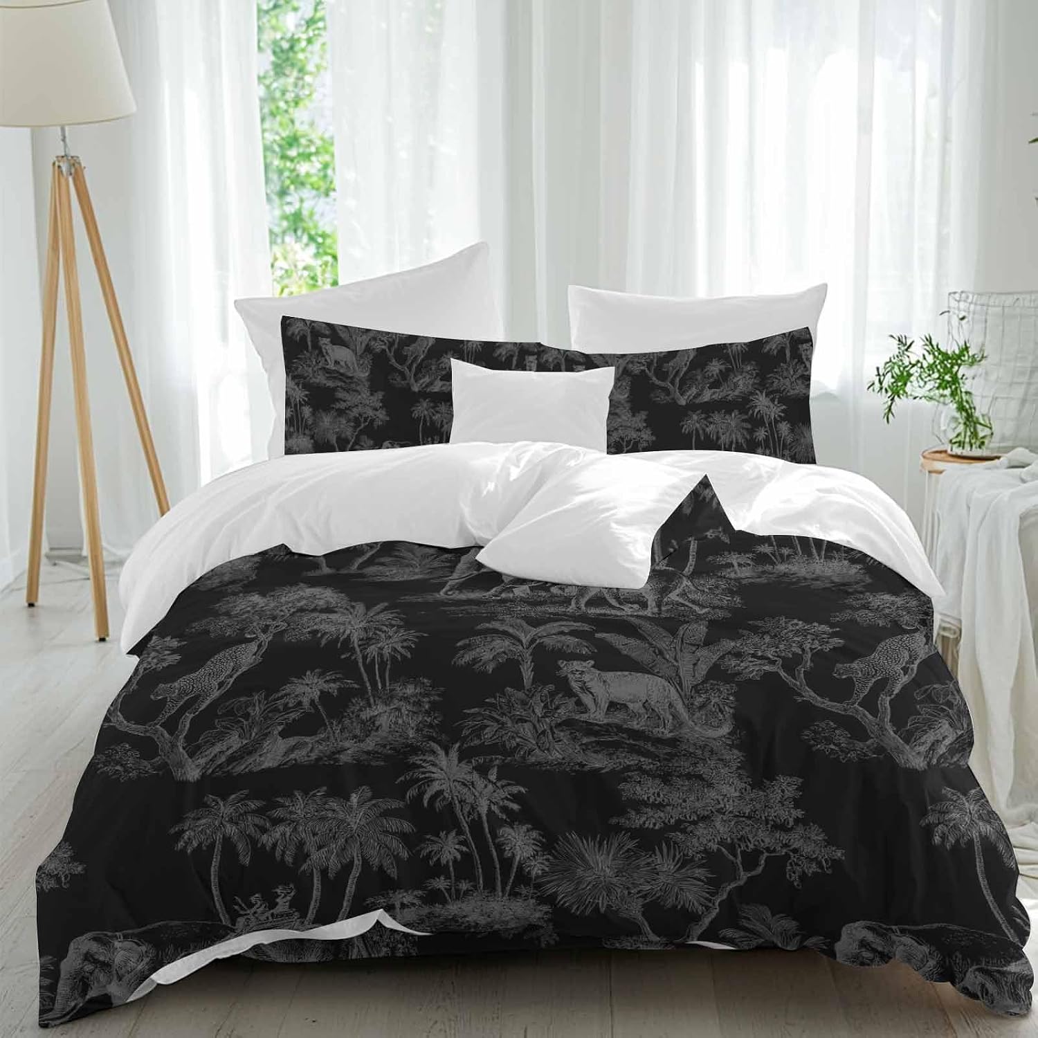 Prime Leader Forest Animal Duvet Cover Set Queen Size 4 Pieces Vintage Forest Elephant Leopard Black Bedding Set with Zipper Closure, 1 Comforter Cover 86x86 Inches 1 Flat Sheet & 2 Pillow Cases