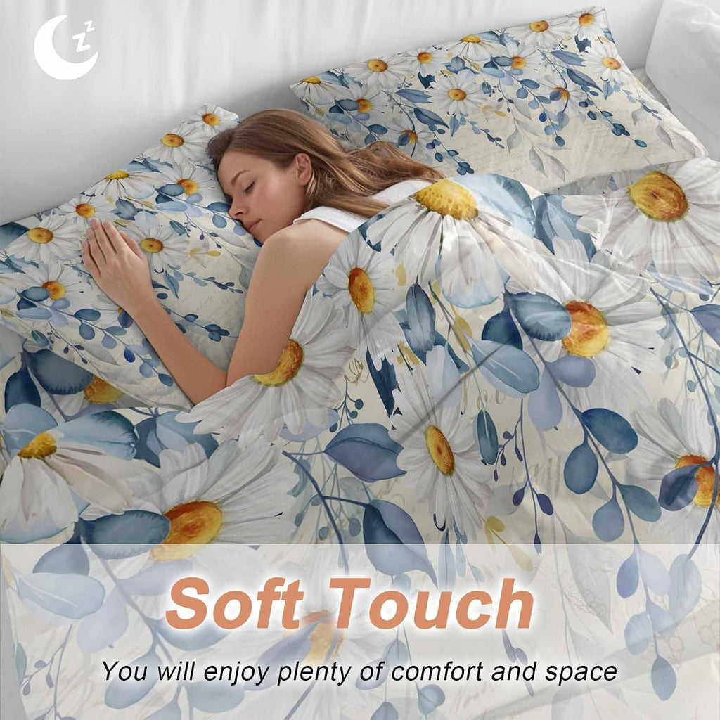 Spring Eucalyptus Leaves Duvet Cover Set Queen Size 4 Pieces Country Vintage Blue Leaf White Daisy Bedding Set with Zipper Closure, 1 Comforter Cover 92x106 Inches 1 Flat Sheet & 2 Pillow Cases