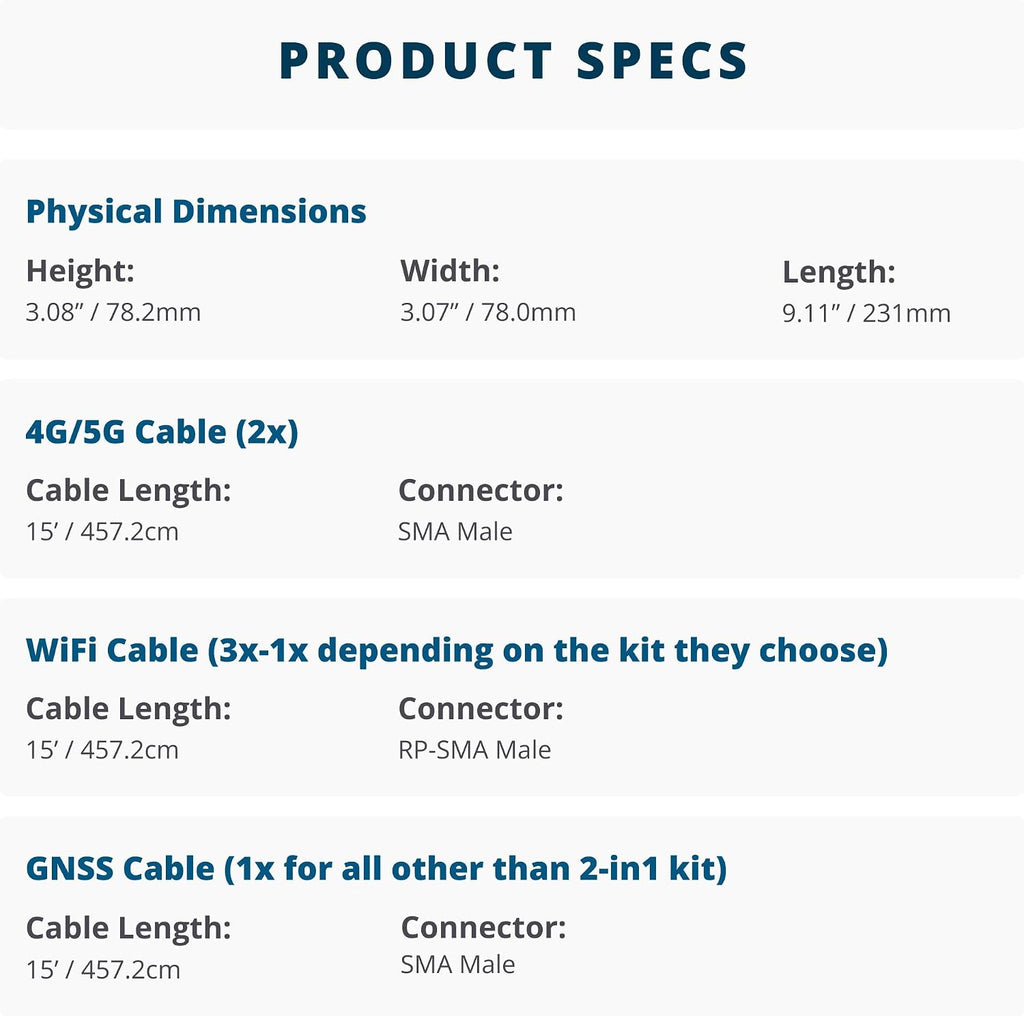 MULTIMAX™ 2x2 MIMO 4G/5G 2-in-1 All-Weather High Performance Antenna - for Cisco, Cradlepoint, Digi, Peplink, Etc. (Threaded Bolt, Black, 15' Cables w/ 2X 5G SMA-M)
