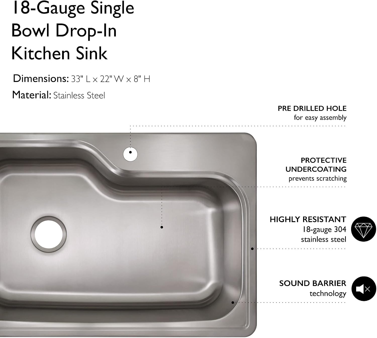 33-Inch Handmade Stainless Steel Single Bowl Drop-In Kitchen Sink, 18-Gauge with Single-Hole Faucet Compatibility – Design House, 113118