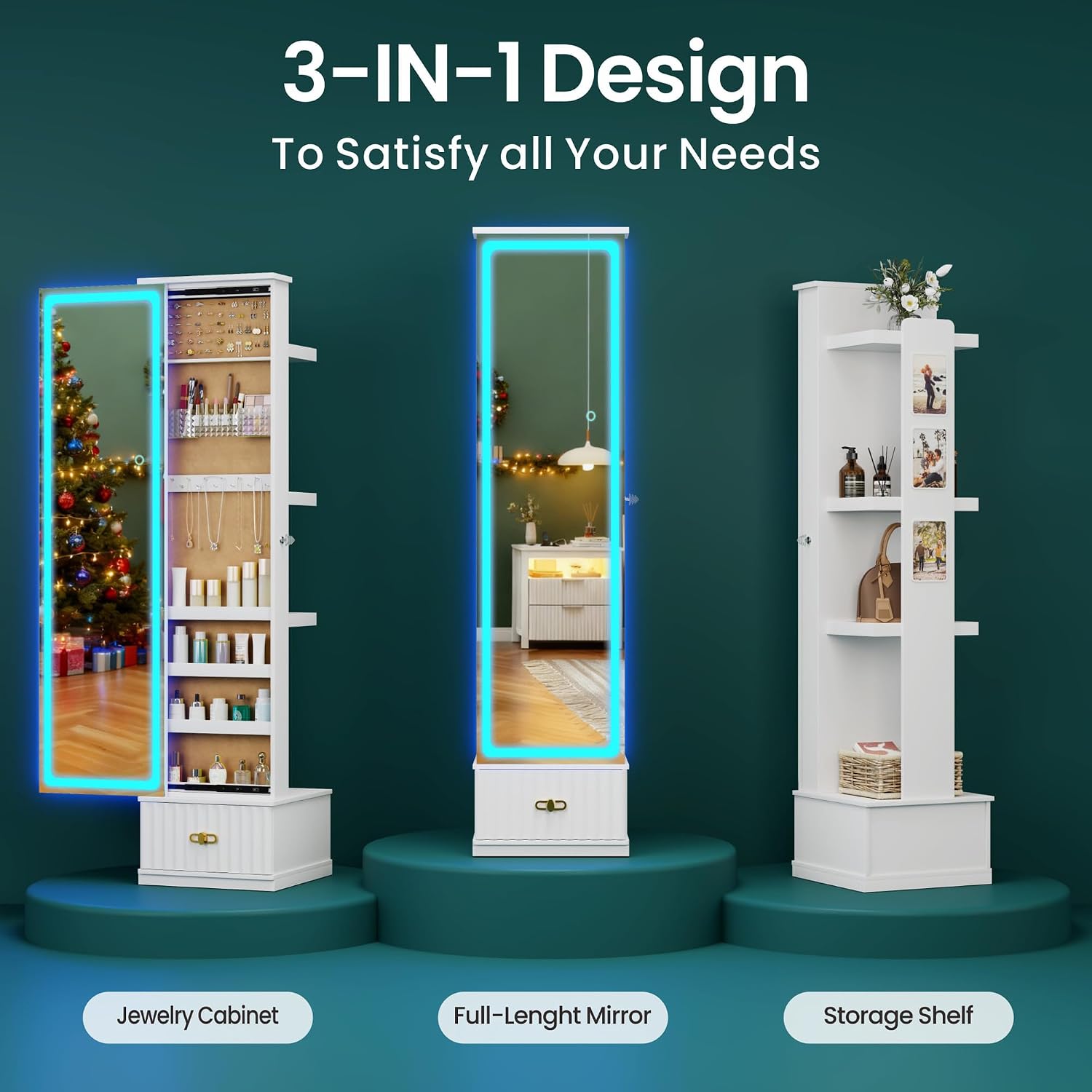 HNEBC LED Jewelry Cabinet Standing, Full Length Mirror with Storage/3 Color Adjustable LIghts, Jewelry Armoire has 3 Photo Frames/4 Shelfs/1 Drawer,Space-Saving Organizer,Gifts for Women
