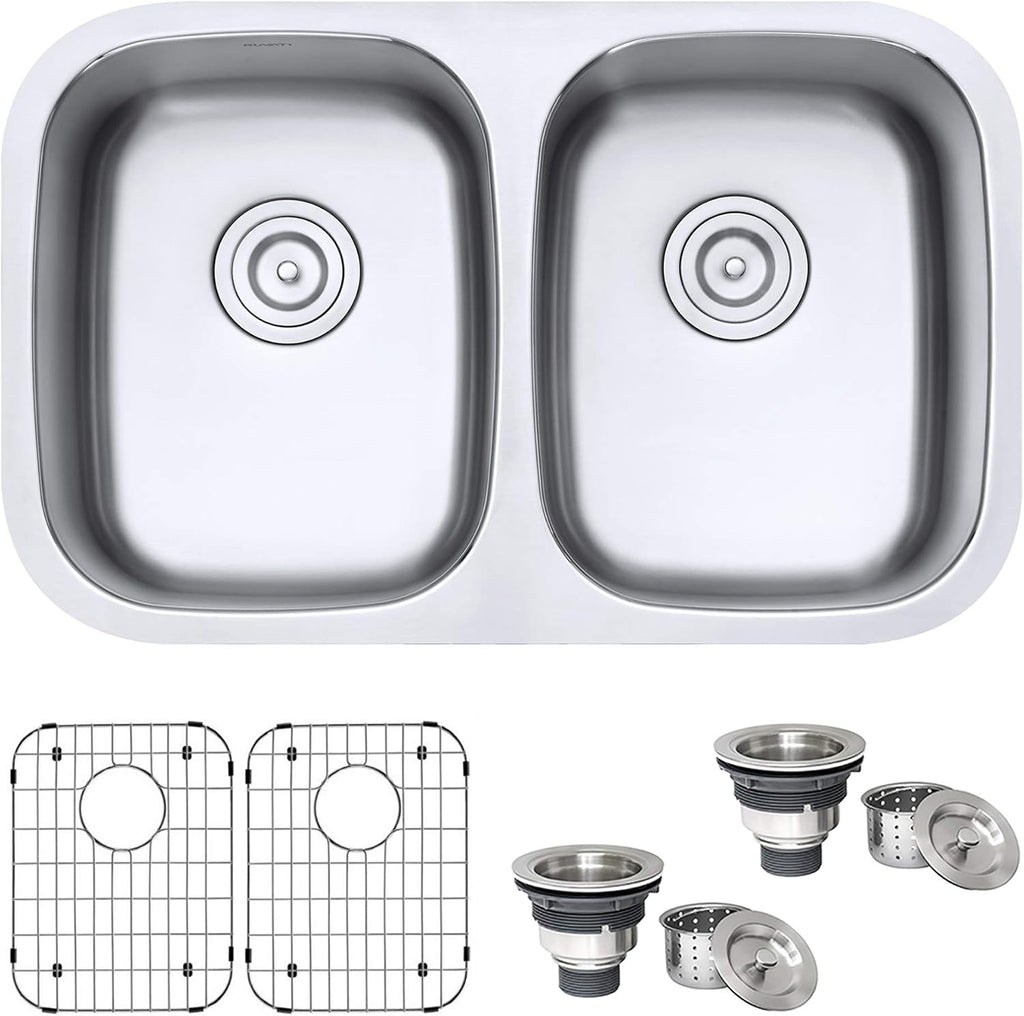 Ruvati 29-inch Undermount Kitchen Sink – 50/50 Double Bowl Kitchen Sink, 16 Gauge T-304 Stainless Steel Sinks, Deep Basin Sinks, Brushed Finish – RVM4301