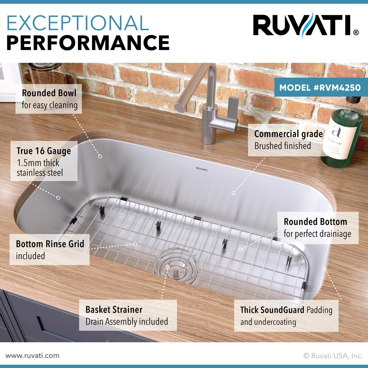 Ruvati 30-inch Undermount Kitchen Sink Single Bowl - 16 Gauge Stainless Steel Kitchen Sink with Brushed Finish hides scratches - Easy-to-Clean Single Bowl Undermount Sinks - RVM4250