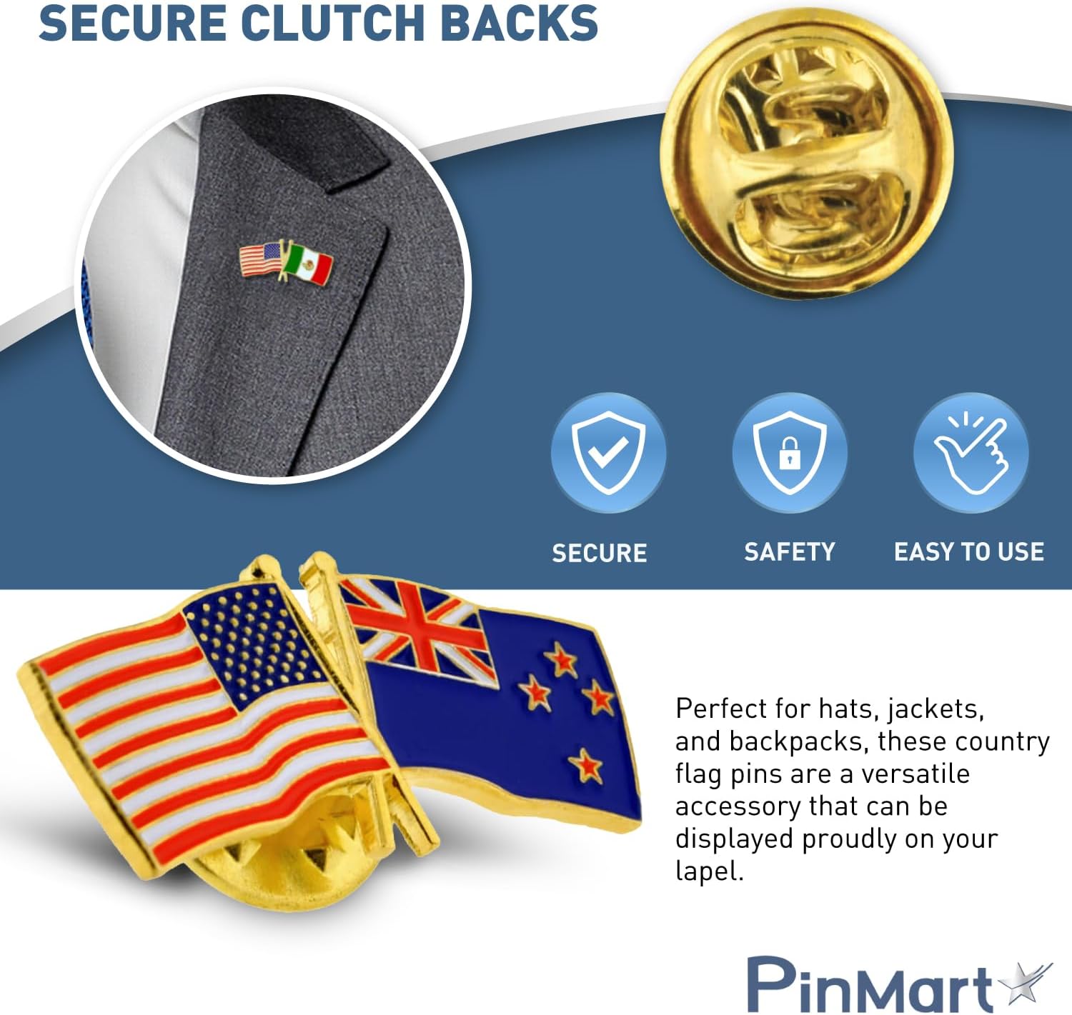 PinMart Crossed American Flag Lapel Pin - Gold Color Plated-Color Plated Enamel, USA and World Crossed Flag, Friendship & Unity, Hat, Jacket and Backpack Pins, Collectible, Patriotic Gift, Secure Clutch Back