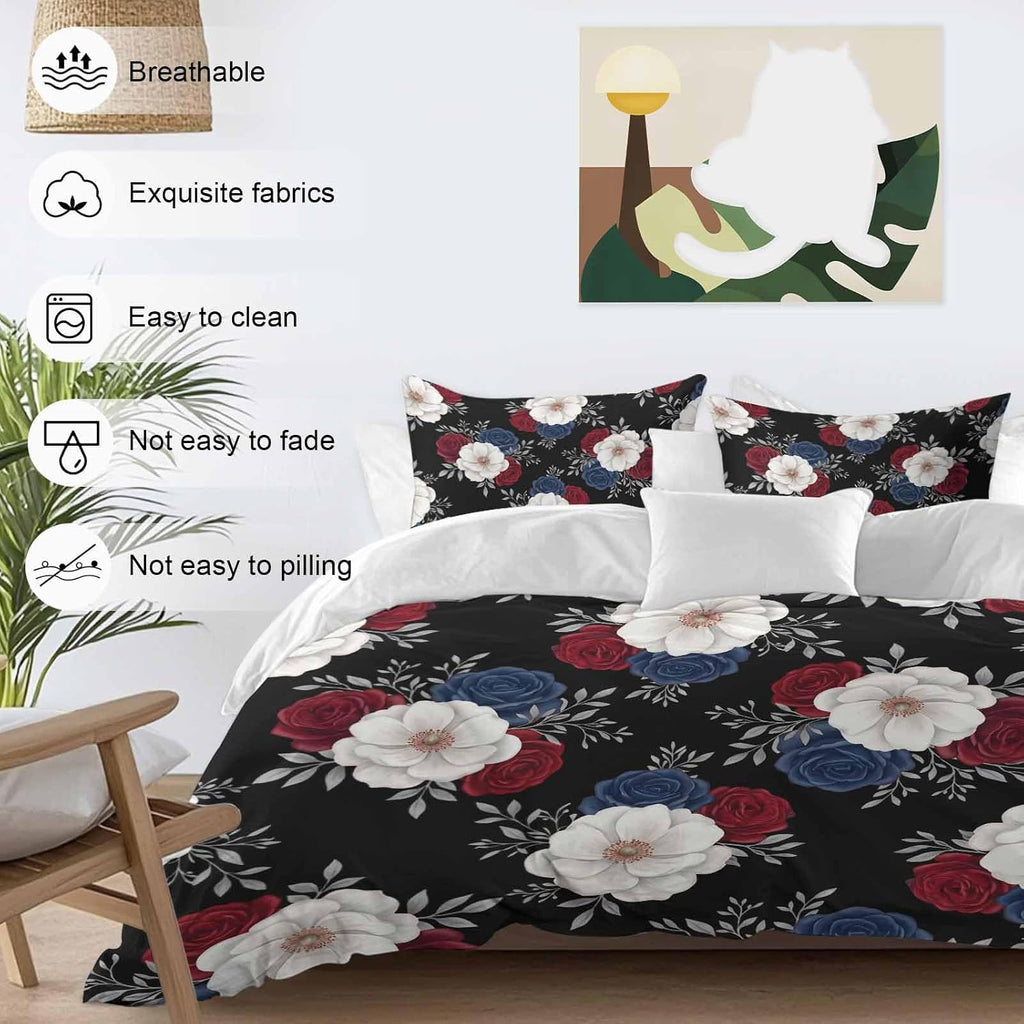 Prime Leader Independence Day Duvet Cover Set Queen Size 4 Pieces Red Blue White Roses Floral Leaf Black Bedding Set with Zipper Closure, 1 Comforter Cover 92x106 Inches 1 Flat Sheet & 2 Pillow Cases