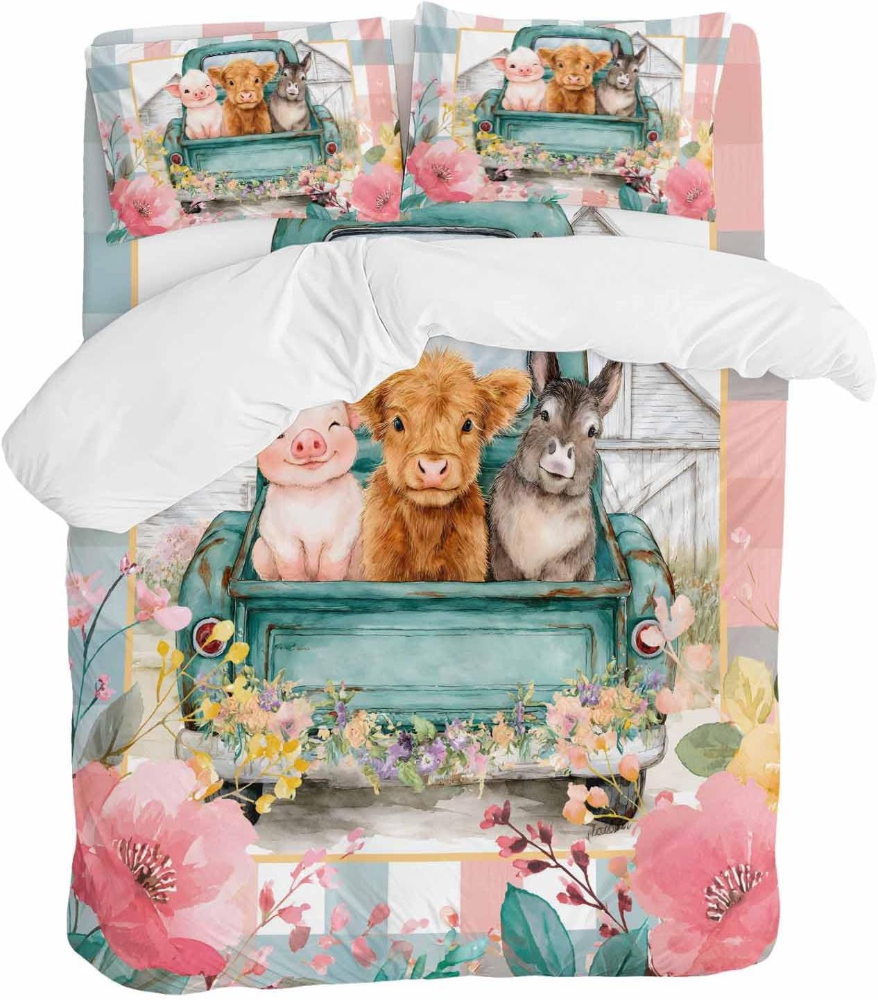 Farm Animals Duvet Cover Set Queen Size 4 Pieces Funny Pig Cow Donkey Retro Truck Spring Floral Bedding Set with Zipper Closure, 1 Comforter Cover 90x92 Inches 1 Flat Sheet & 2 Pillow Cases