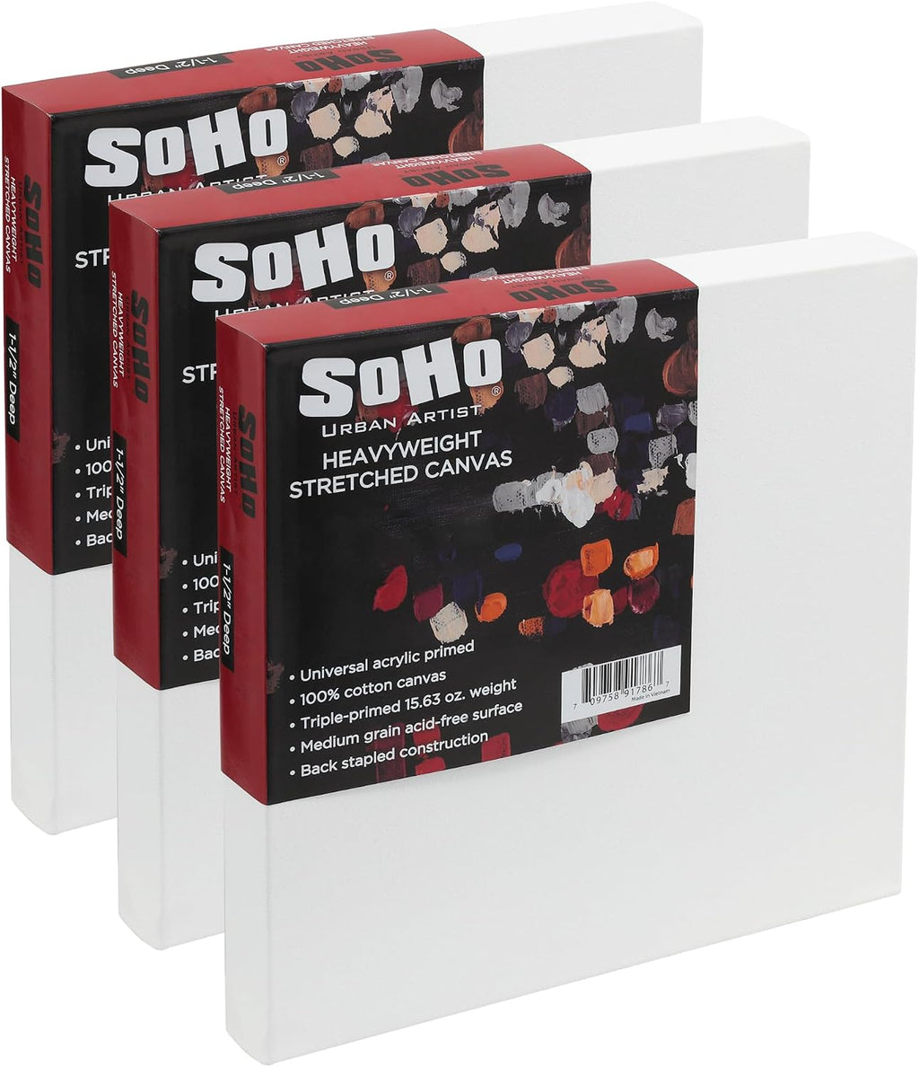 SoHo Urban Artist, 30x30 Heavyweight Stretched Cotton Canvas for Painting - 1.5' Deep- 3 Pack, Triple Primed, 100% Cotton Canvas, Archival, Universal Primed for Oil, Acrylic, Alkyd, Mixed Media