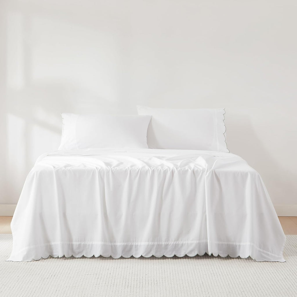 Lush Decor Coastal Chic Scalloped Edge Cotton Sheet Set 4 Piece Set King Sage - White Sheets - Scallop Trim - Bed Sheets - Coastal Decor