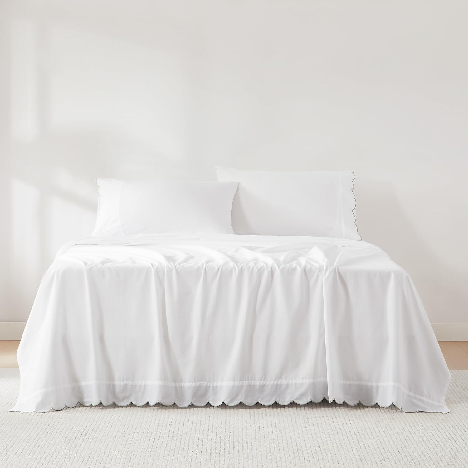 Lush Decor Coastal Chic Scalloped Edge Cotton Sheet Set 4 Piece Set King Sage - White Sheets - Scallop Trim - Bed Sheets - Coastal Decor