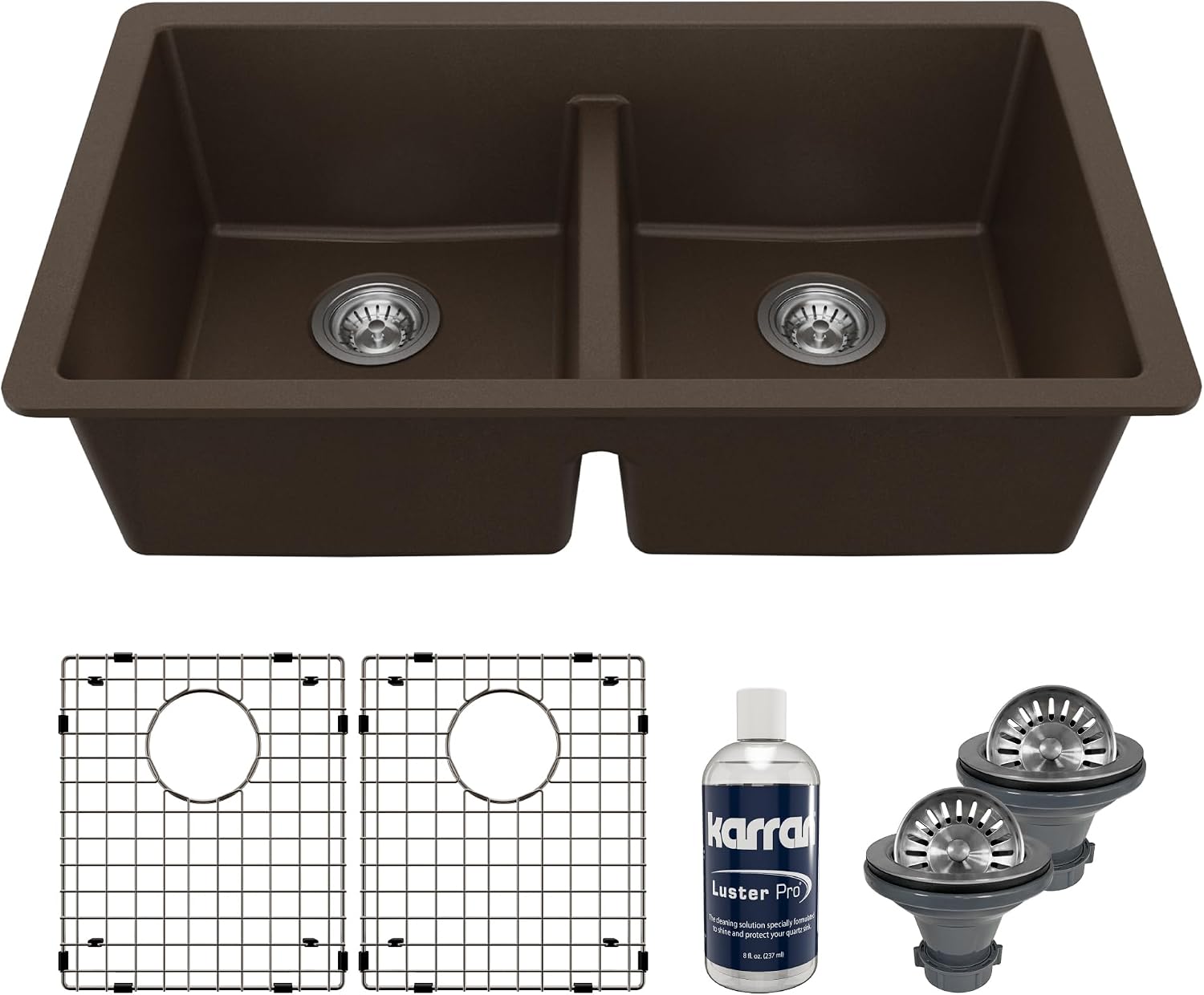 Karran QU-810 32' Undermount Double Equal Bowl Quartz Kitchen Sink Kit in Brown