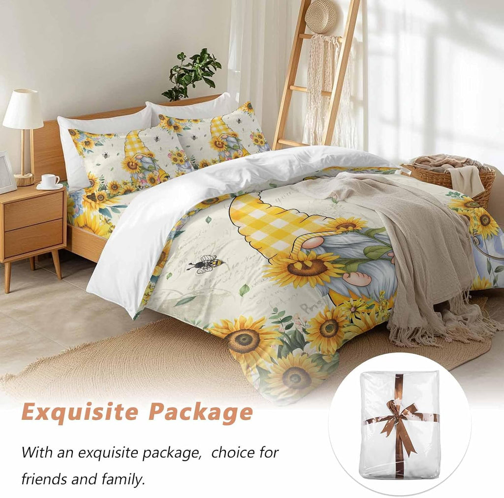 Sunflower Gnome Duvet Cover Set Queen Size 4 Pieces Bee Yellow Flower Leaf Spring Plant Farm Bedding Set with Zipper Closure, 1 Comforter Cover 92x106 Inches 1 Flat Sheet & 2 Pillow Cases