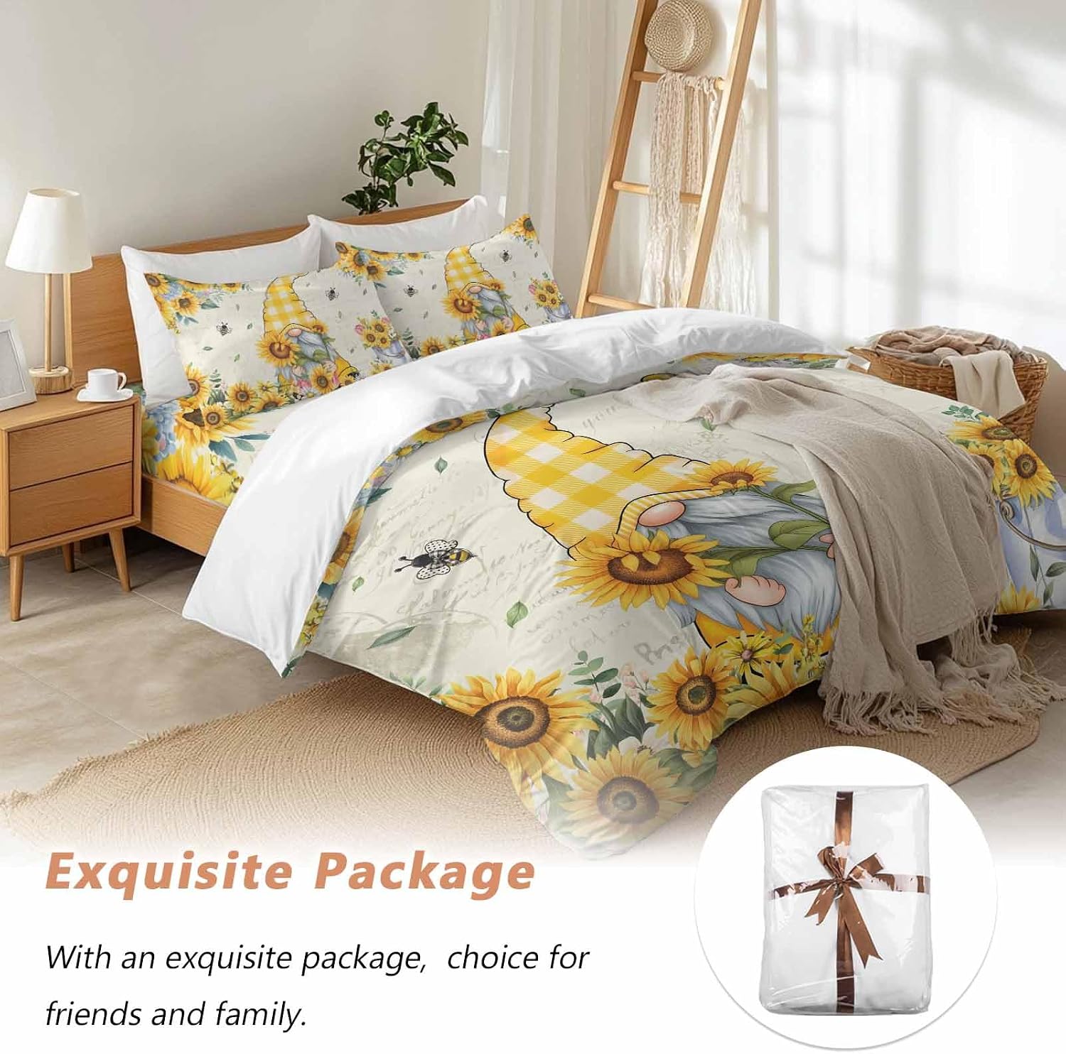 Sunflower Gnome Duvet Cover Set Queen Size 4 Pieces Bee Yellow Flower Leaf Spring Plant Farm Bedding Set with Zipper Closure, 1 Comforter Cover 92x106 Inches 1 Flat Sheet & 2 Pillow Cases
