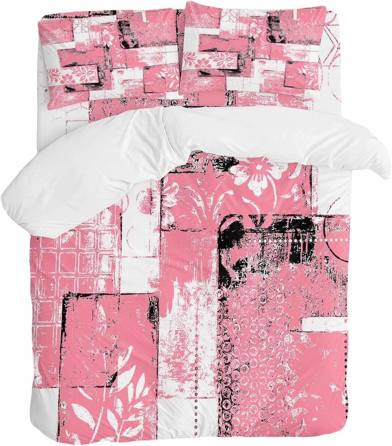 Modern Boho Duvet Cover Set Queen Size 4 Pieces Flower Geometric Texture Pink White Abstract Art Bedding Set with Zipper Closure, 1 Comforter Cover 92x106 Inches 1 Flat Sheet & 2 Pillow Cases