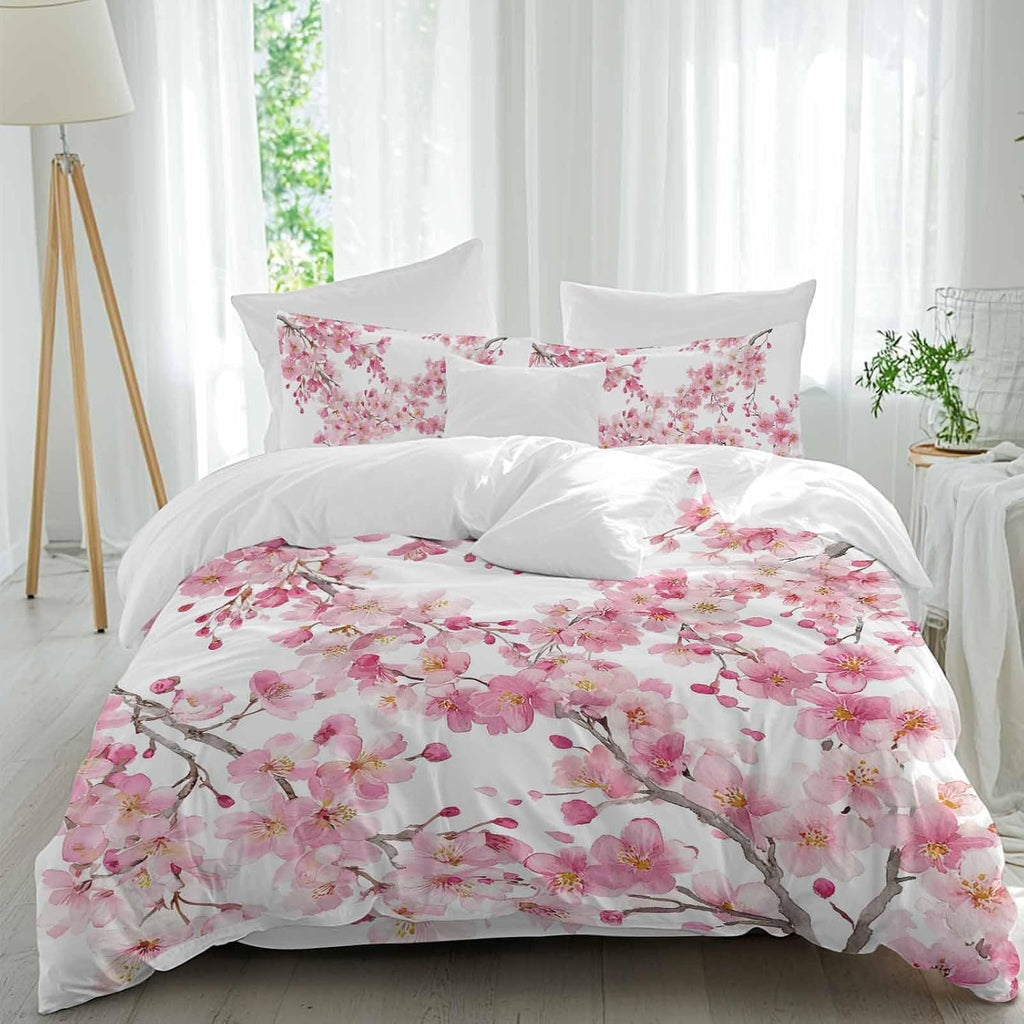 Spring Cherry Blossoms Duvet Cover Set Queen Size 4 Pieces Pink Flowers Branch Watercolor Plant Bedding Set with Zipper Closure, 1 Comforter Cover 86x86 Inches 1 Flat Sheet & 2 Pillow Cases