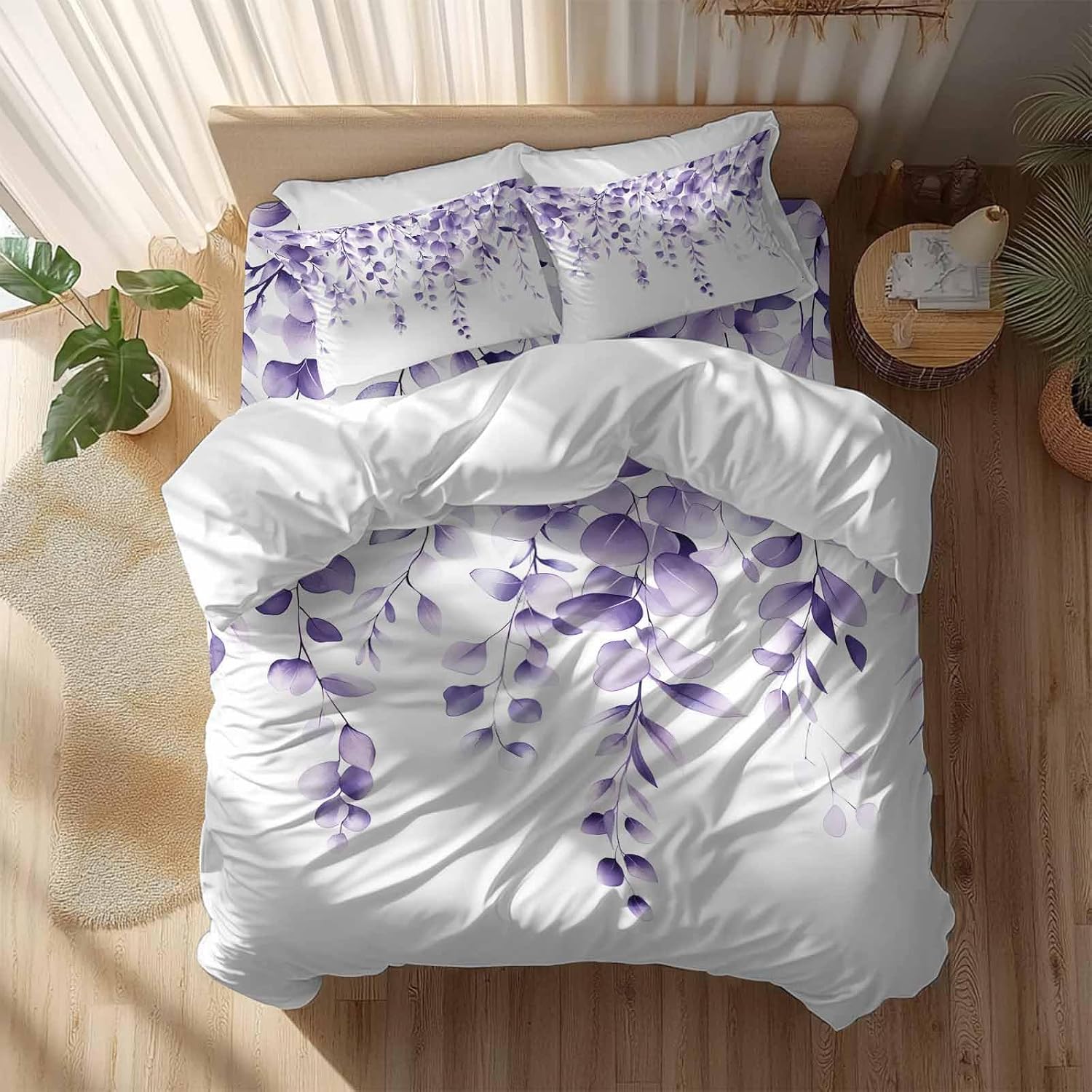 Purple Leaves Duvet Cover Set Queen Size 4 Pieces Eucalyptus Leaf Watercolor Plant Botanical Bedding Set with Zipper Closure, 1 Comforter Cover 92x106 Inches 1 Flat Sheet & 2 Pillow Cases