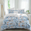 Summer Marine Life Duvet Cover Set Queen Size 4 Pieces Seahorses Corals Tropical Fish Blue Striped Bedding Set with Zipper Closure, 1 Comforter Cover 92x106 Inches 1 Flat Sheet & 2 Pillow Cases