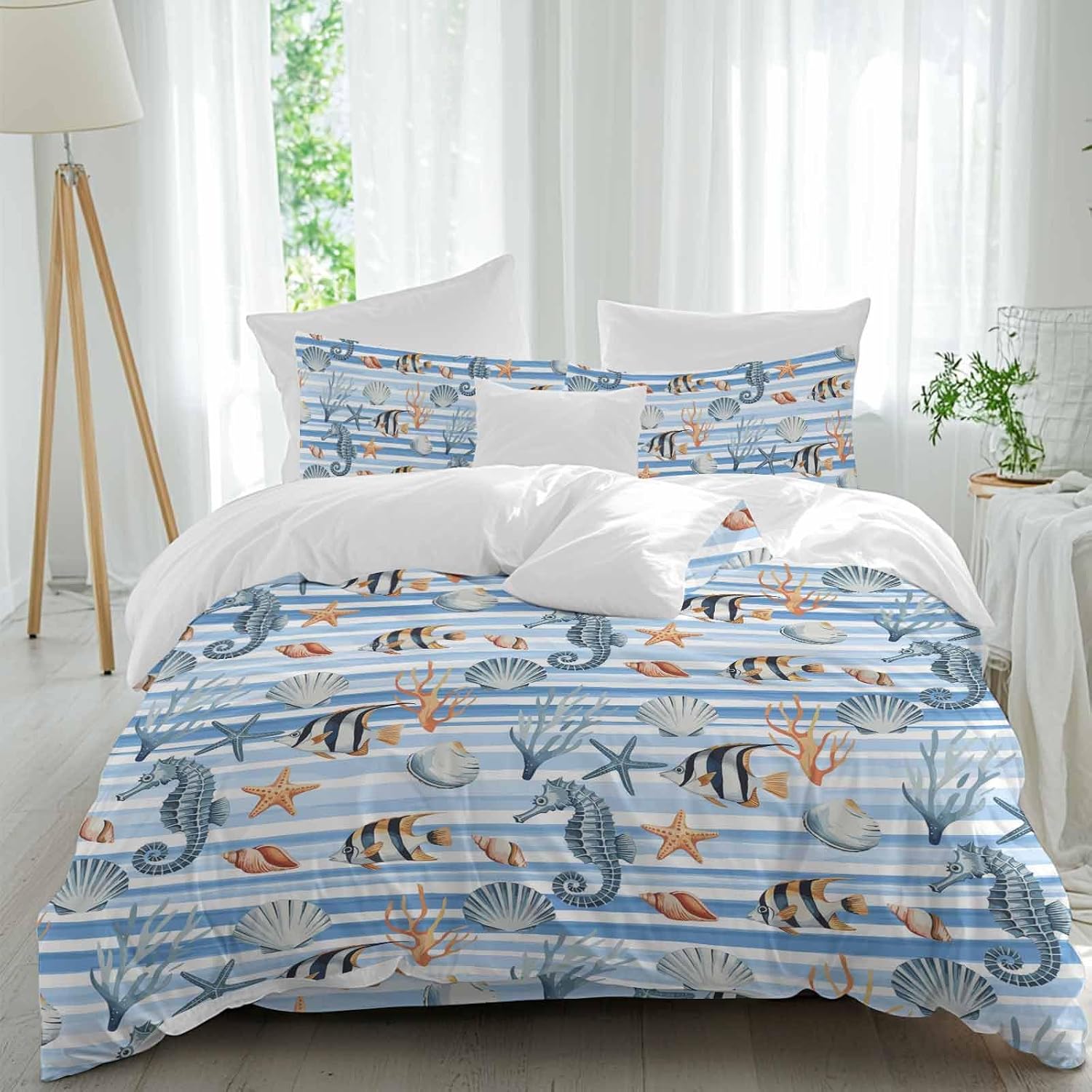 Summer Marine Life Duvet Cover Set Queen Size 4 Pieces Seahorses Corals Tropical Fish Blue Striped Bedding Set with Zipper Closure, 1 Comforter Cover 92x106 Inches 1 Flat Sheet & 2 Pillow Cases