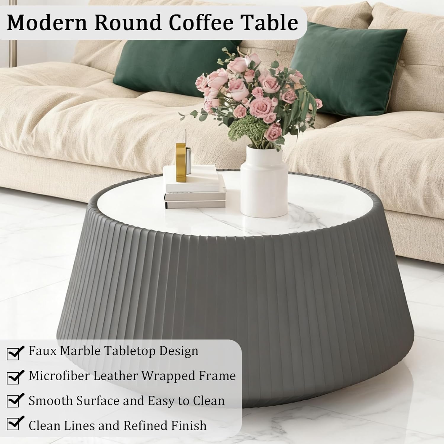 Round Living Room Table Set, 26.77' Grey Drum Center Table and 19.68' Black Coffee Table Set, 2 Pieces Coffee Table Set with Sintered Stone Tabletop, Fluted PU Leather Covered and Stable Base